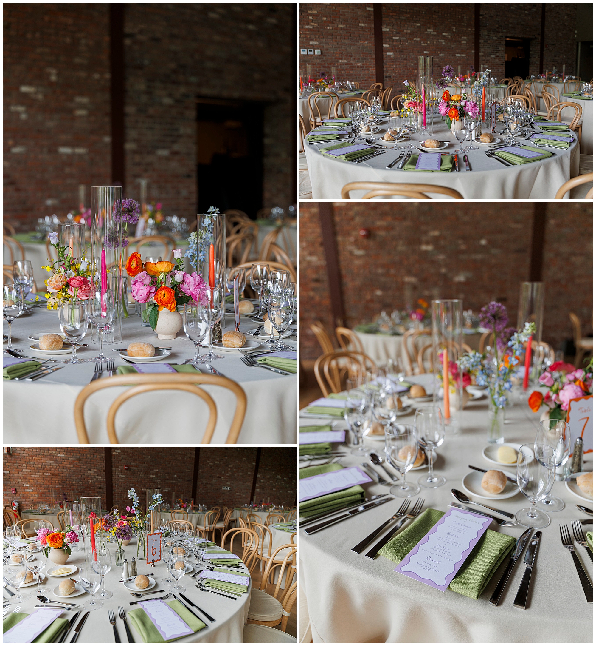 Four images show round tables set for a roundhouse wedding, decorated with colorful floral centerpieces, neatly arranged cutlery, glassware, green napkins, menus, and bread rolls against a brick wall backdrop.