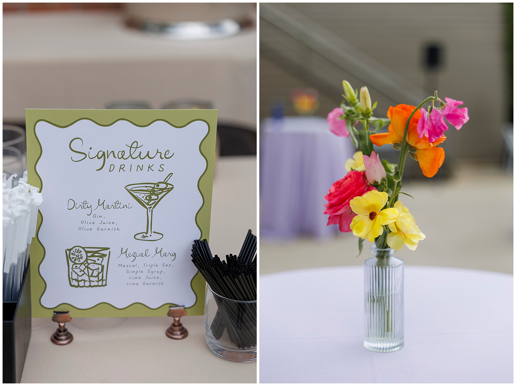 A table at a roundhouse wedding displays a sign listing signature drinks with illustrations of a martini and ice cubes, next to a cup of black straws. Beside it, a vase holds colorful flowers on a white tablecloth.