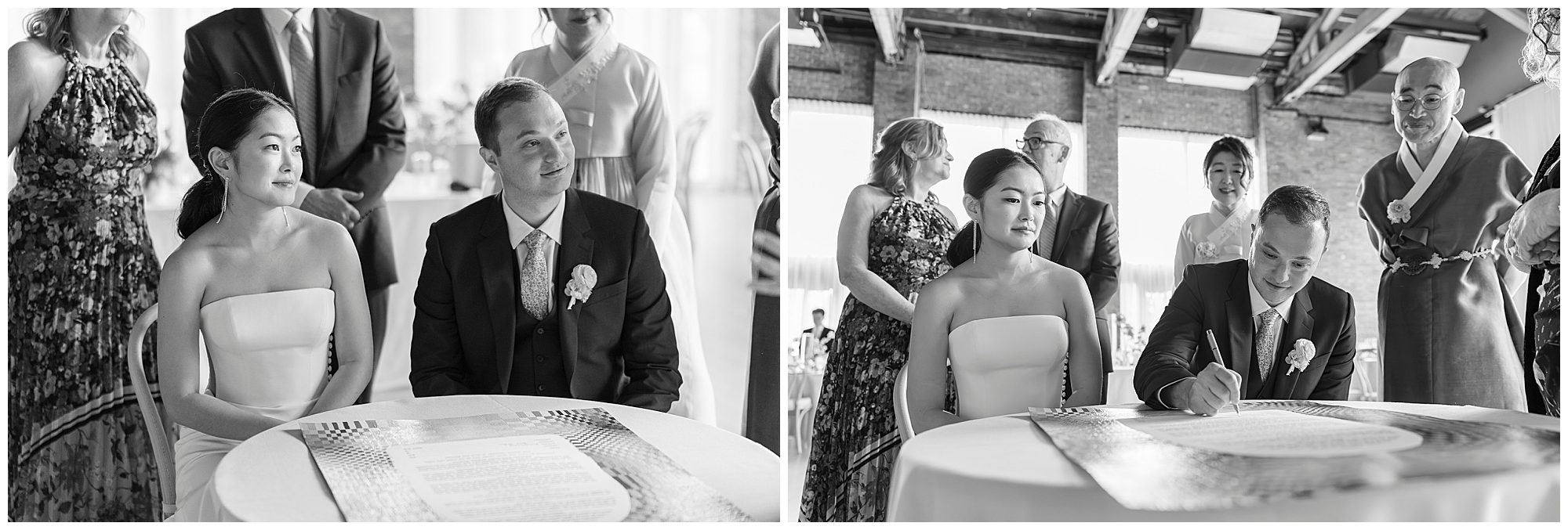 Black and white photos of a roundhouse wedding ceremony: A bride and groom sit at a table with a document, surrounded by family; in the second photo, the groom signs as the bride and guests look on.