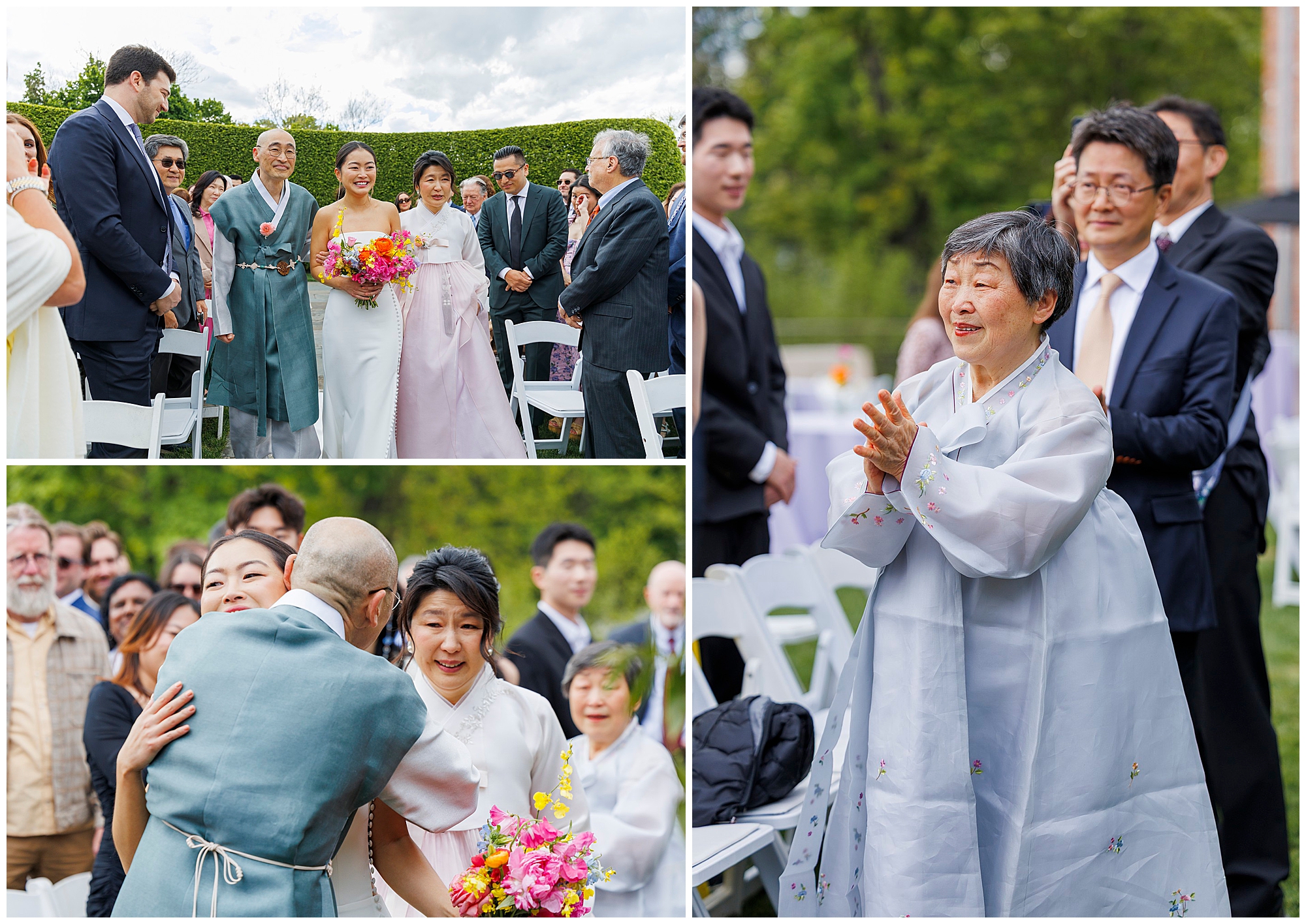 At a roundhouse wedding, a bride walks down the outdoor aisle with her parents in traditional Korean attire, surrounded by smiling guests. The mother claps joyfully, and the father hugs the bride as they reach the groom.