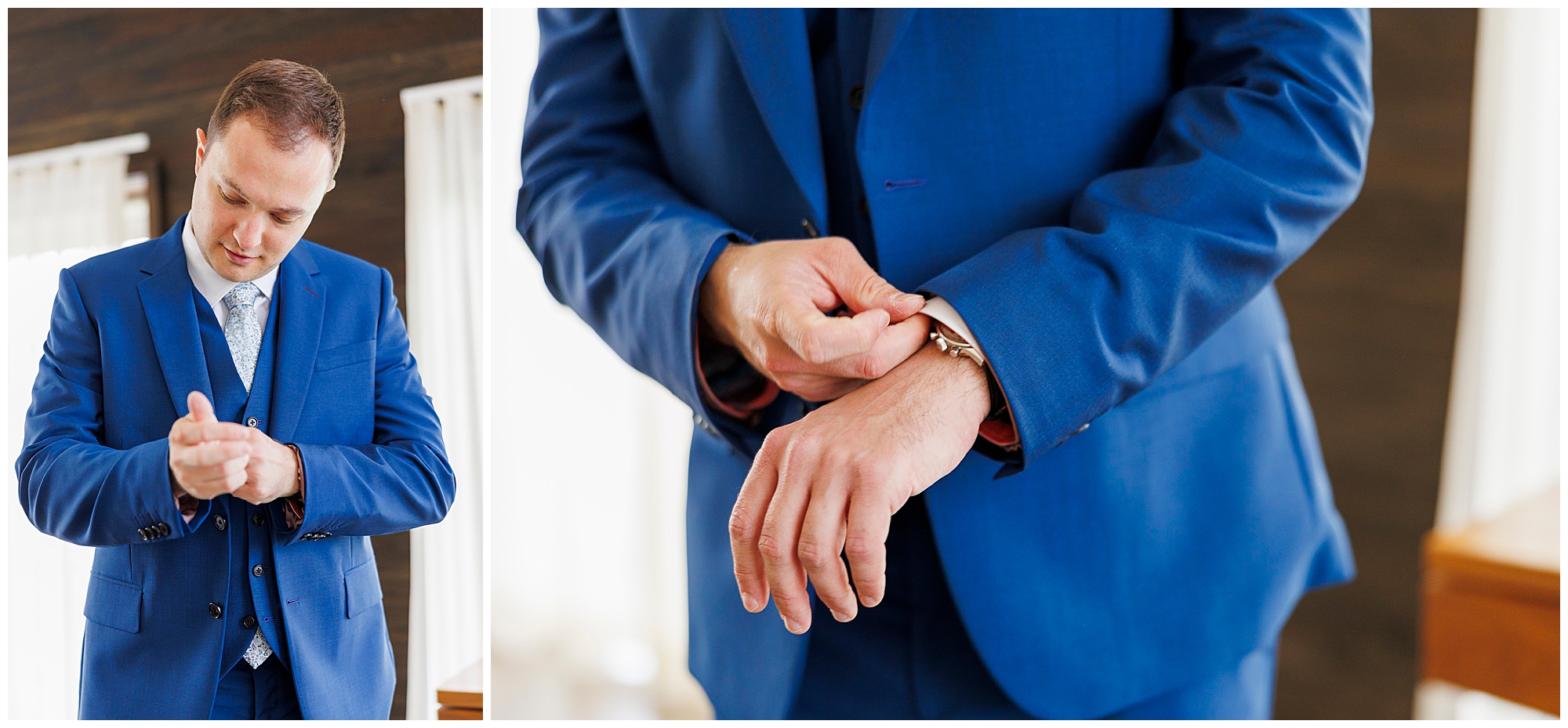 A man in a bright blue suit adjusts his shirt cuffs, preparing for a Roundhouse wedding. The left image shows his focused expression, while the right is a close-up of his hands fixing the cuff.