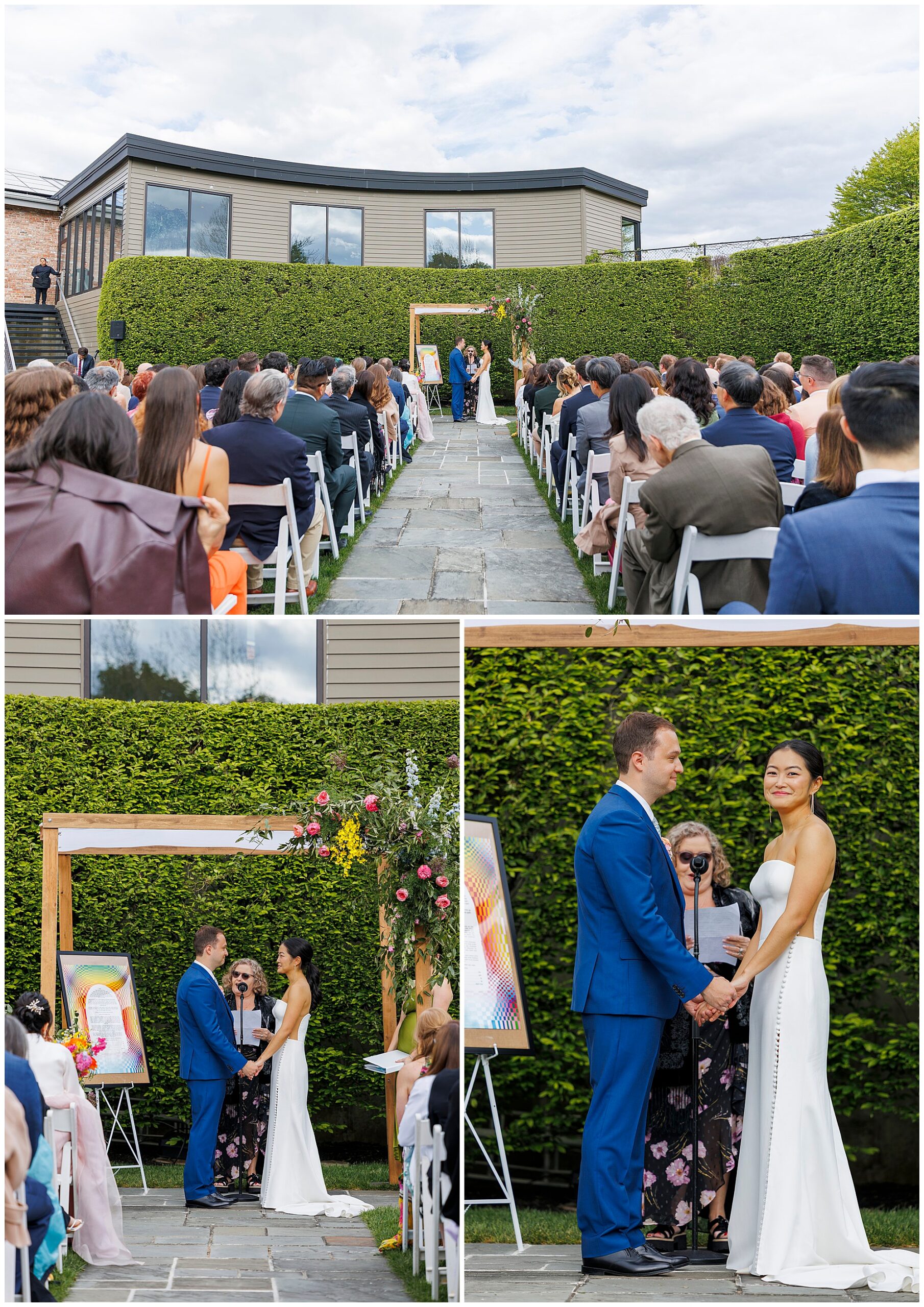 Three photos of a roundhouse wedding ceremony: guests sit on white chairs facing a couple standing under a wooden arch with greenery behind them; close-ups show the bride and groom holding hands and exchanging vows.