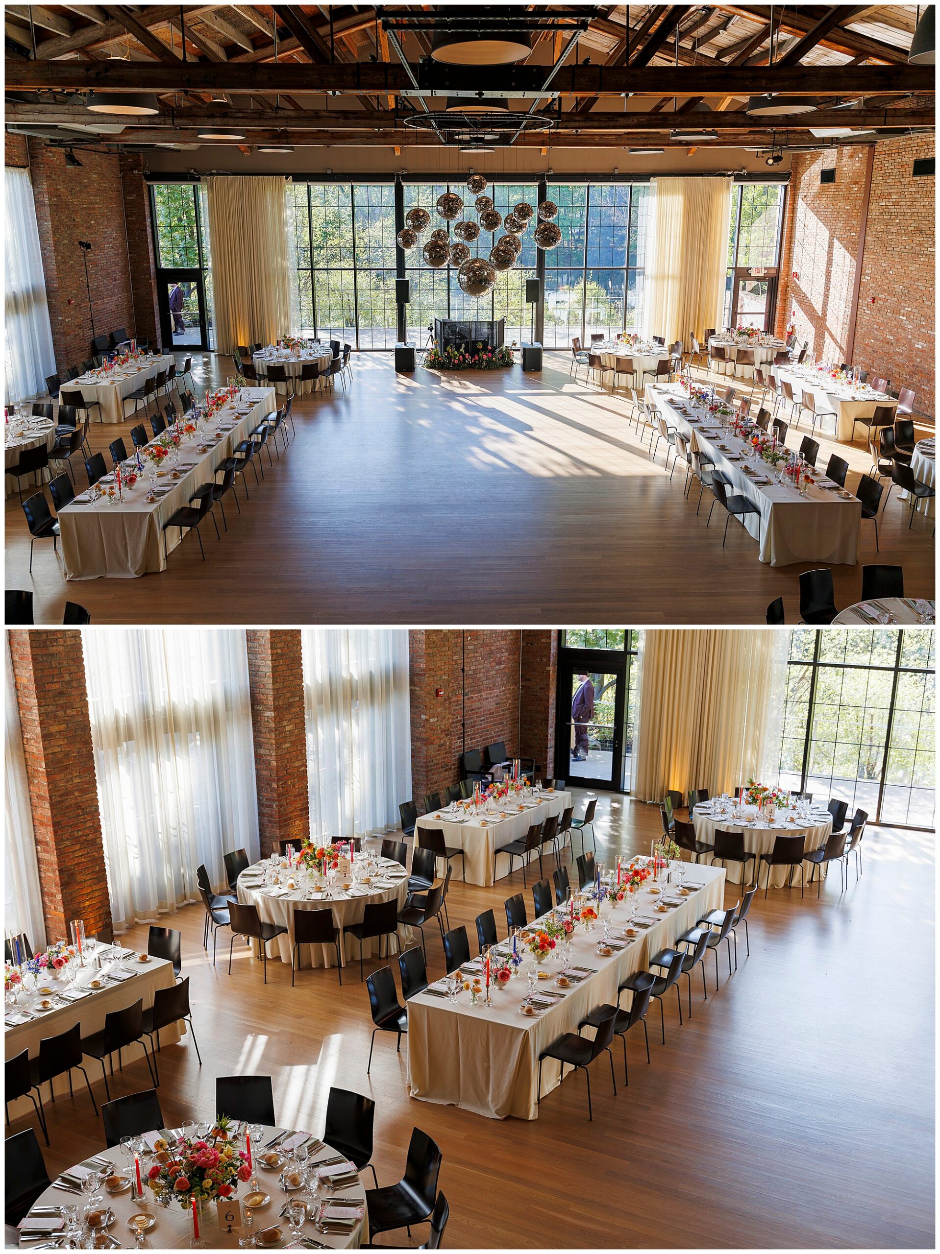 Two views of a spacious event hall set for a wedding at the Roundhouse, featuring large windows, brick walls, and wooden ceiling. Tables with white linens, glassware, colorful floral centerpieces, and black chairs create an elegant atmosphere.