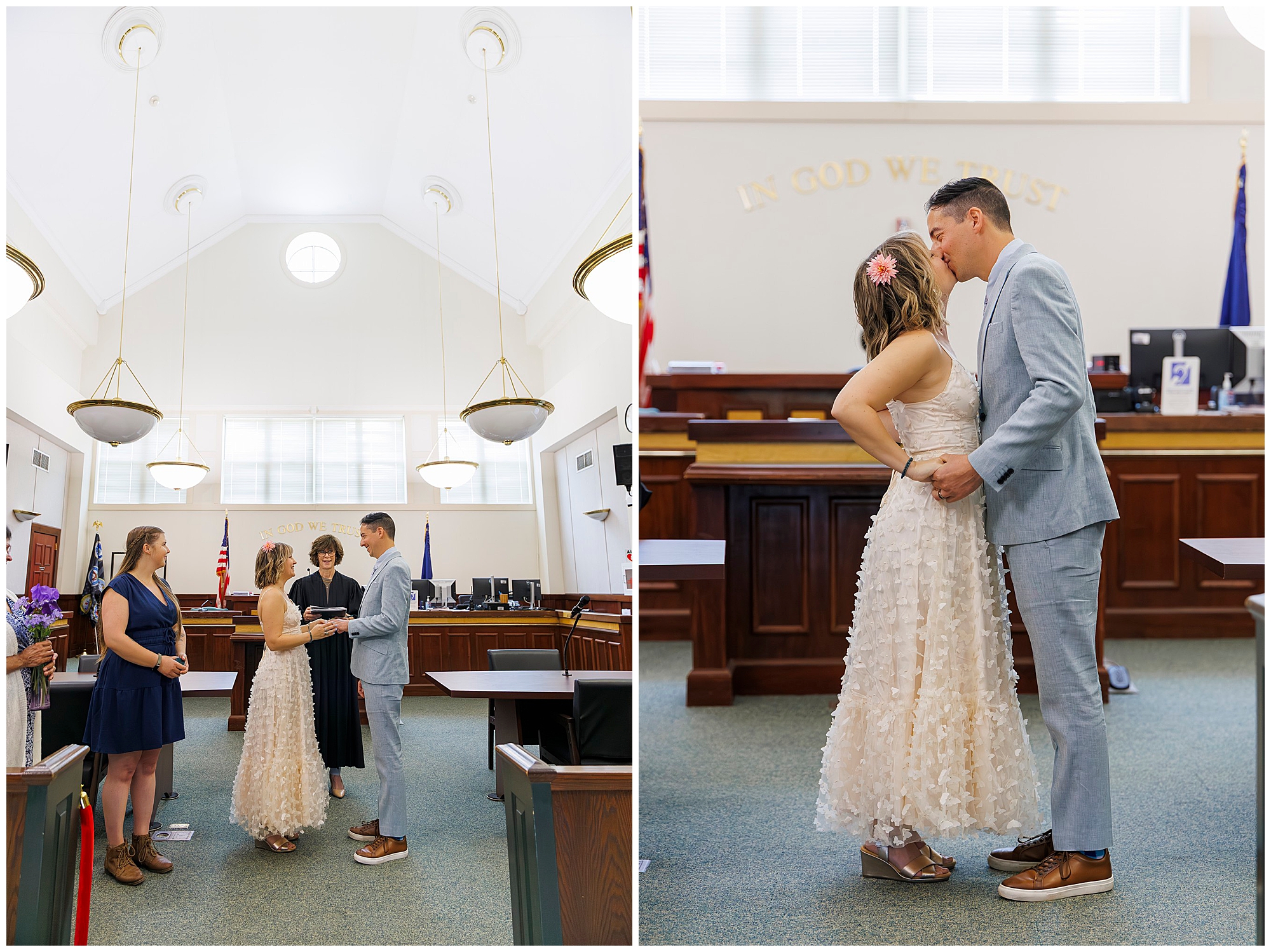 Two side-by-side photos show a couple getting married in a courthouse. They exchange vows and share a kiss, dressed in semi-formal attire, with a judge and two witnesses present in a bright courtroom.