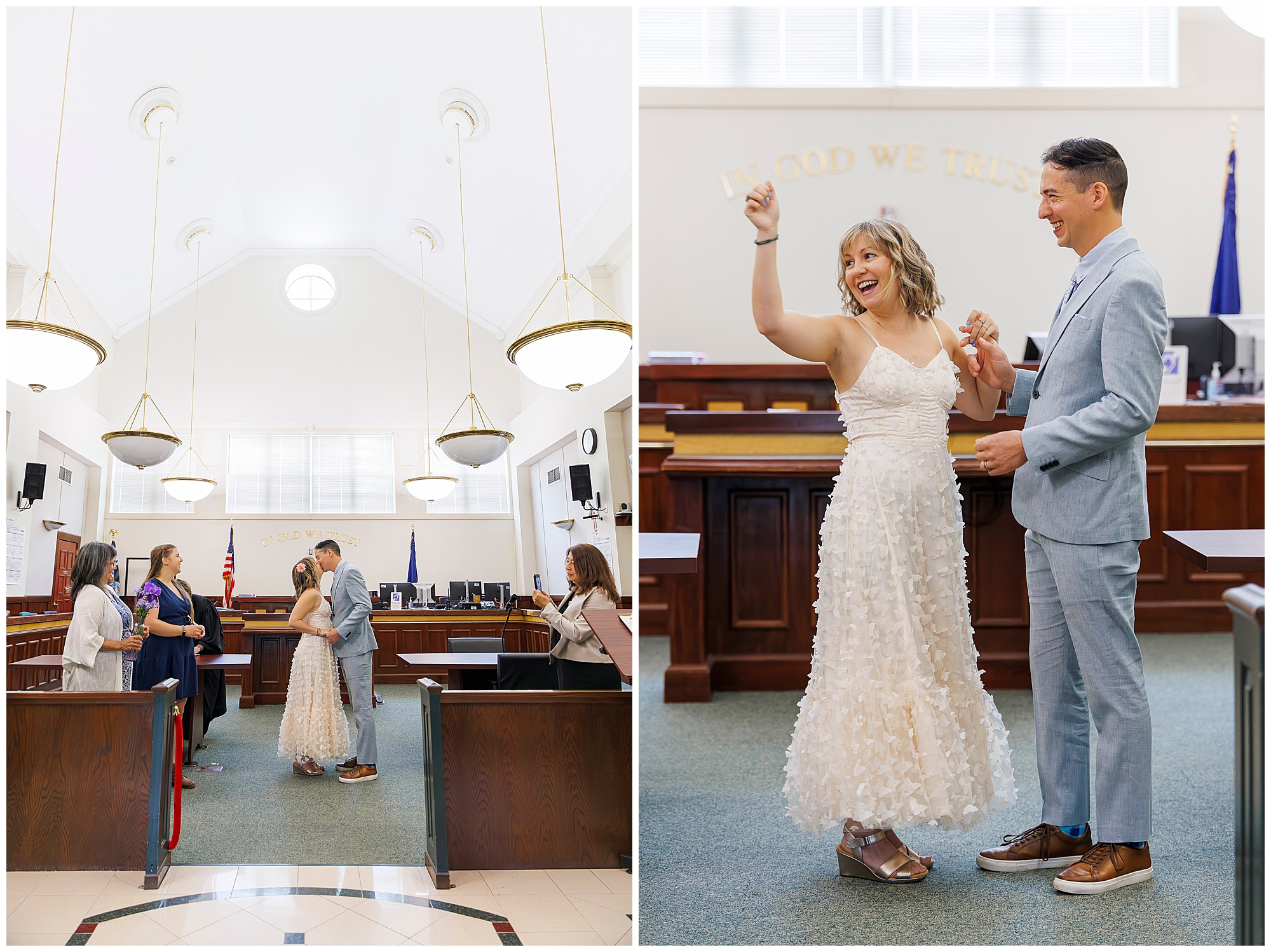 Two images show a couple getting married in a courthouse. The first shows them exchanging vows with an officiant and witnesses present. The second shows the bride and groom smiling and holding up their hands in celebration.