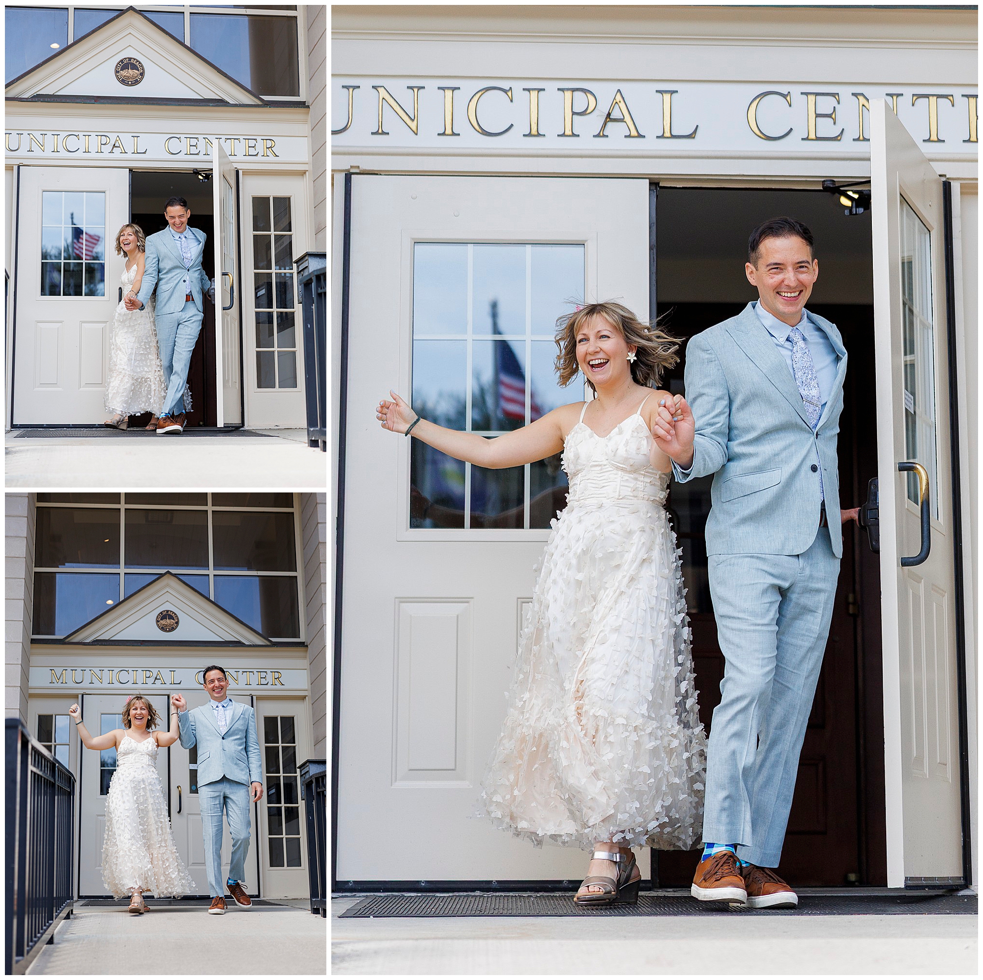A joyful couple in wedding attire exits a building labeled Municipal Center, holding hands and smiling. The bride wears a sleeveless, textured white dress; the groom wears a light blue suit.
