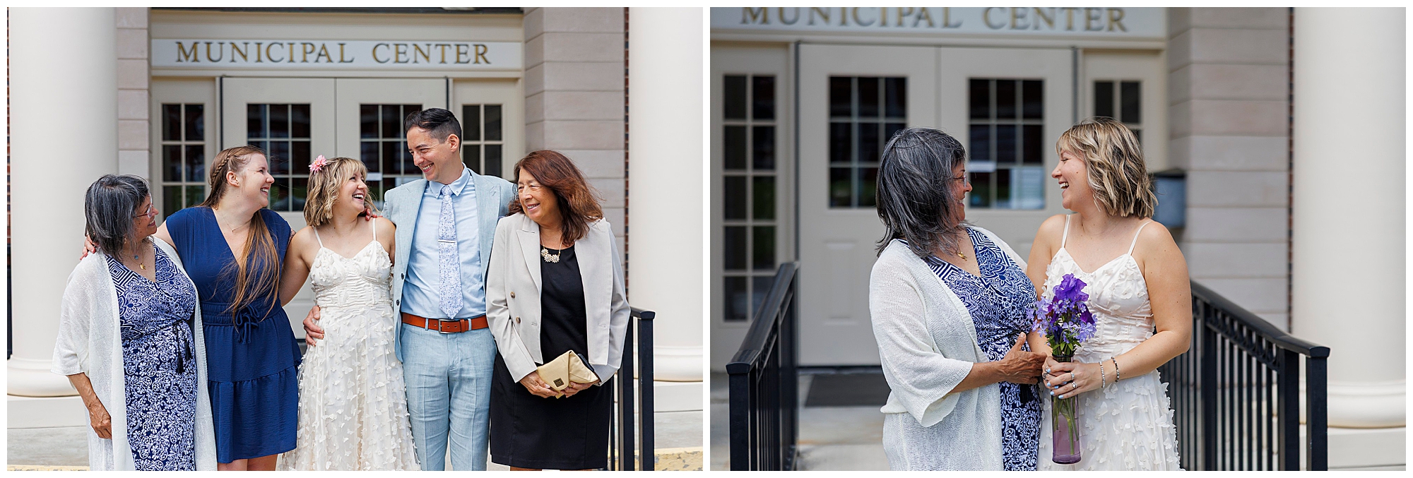 A group stands smiling outside a building labeled Municipal Center; in one image, four women and one man pose together, and in the other, two women share a happy moment after their Beacon courthouse elopement—one holding a bouquet of purple flowers.