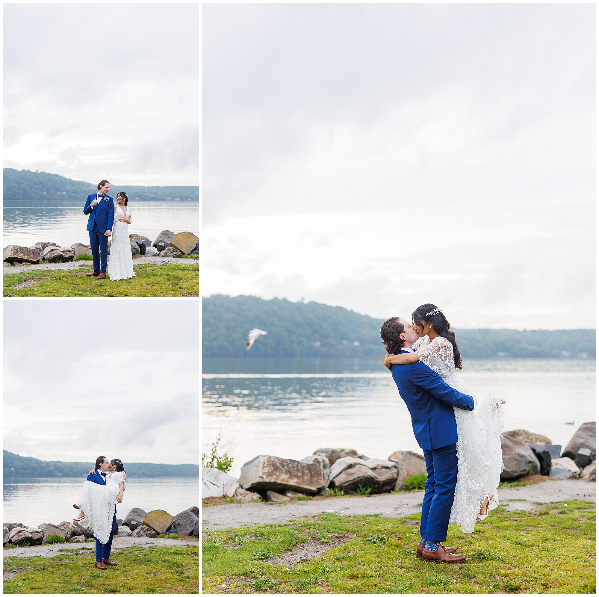 A collage of three wedding photos by a lakeside captures a joyful Harvest on Hudson micro wedding—the groom in a blue suit lifts and embraces his smiling bride in white, set against serene water and cloudy skies.