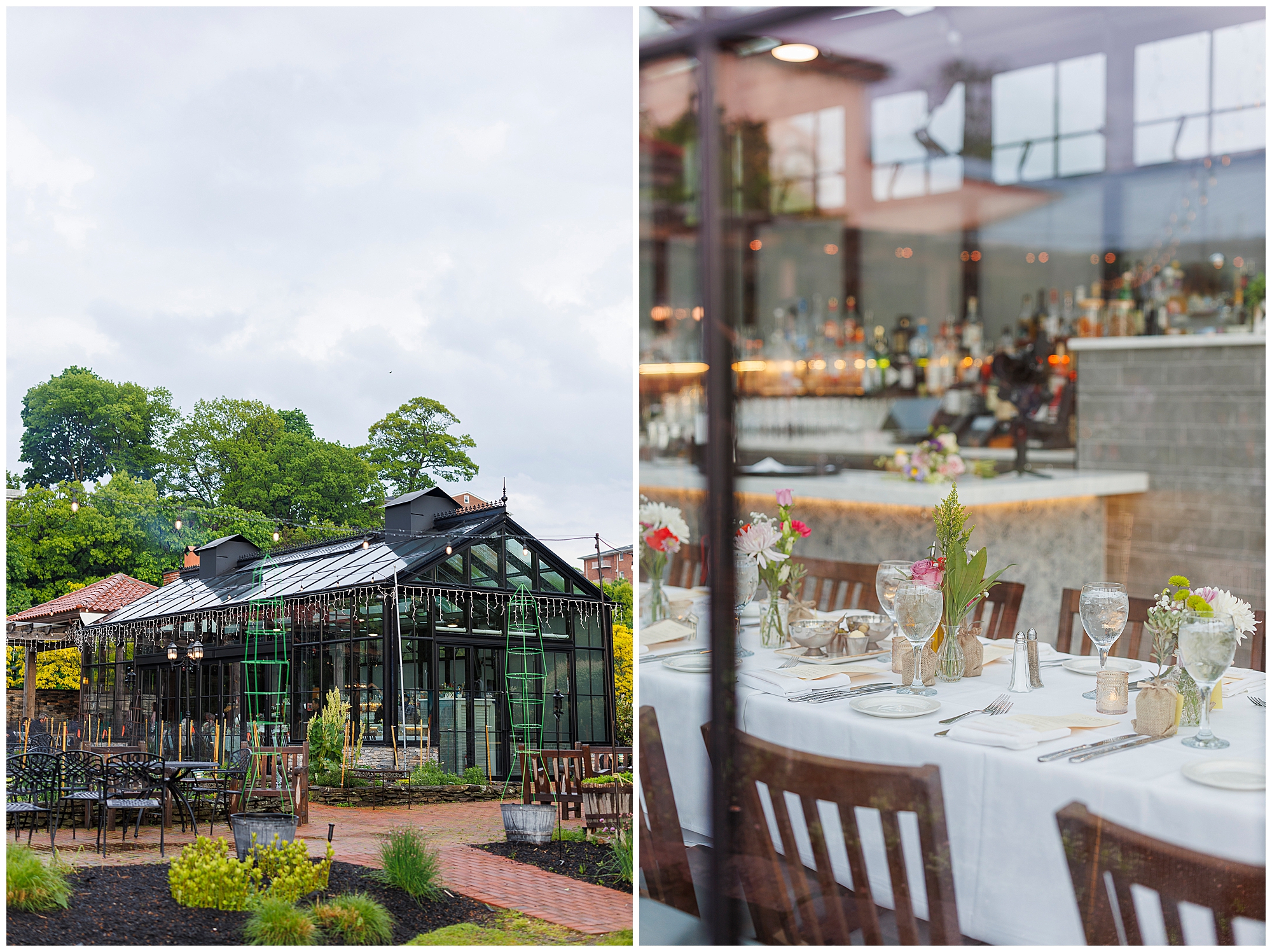 A split image shows a greenhouse with outdoor seating on the left, and on the right, a view through a window of a set dining table with floral centerpieces and a bar—perfect for an intimate Harvest on Hudson micro wedding.