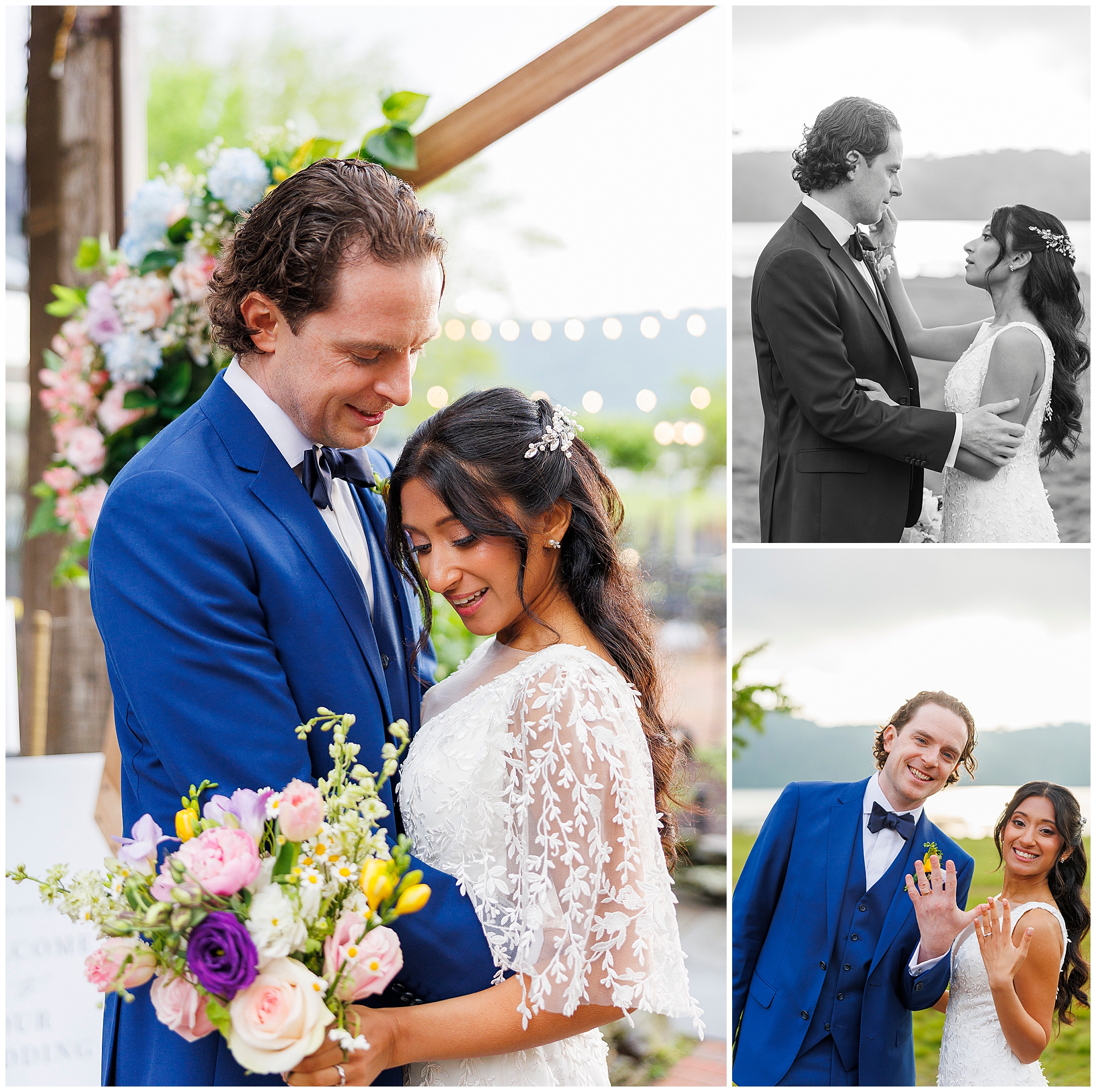 A bride and groom enjoy their Harvest on Hudson micro wedding: they embrace and smile, the groom in a blue suit and bride in lace with a bouquet. They laugh together and show their wedding rings in three joyful photos.
