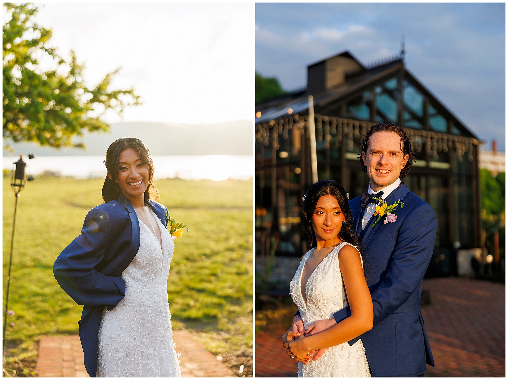 Split image: On the left, a bride in a white dress and blue suit jacket smiles outdoors near water. On the right, the couple embraces in front of a glass building at sunset during their Harvest on Hudson micro wedding.
