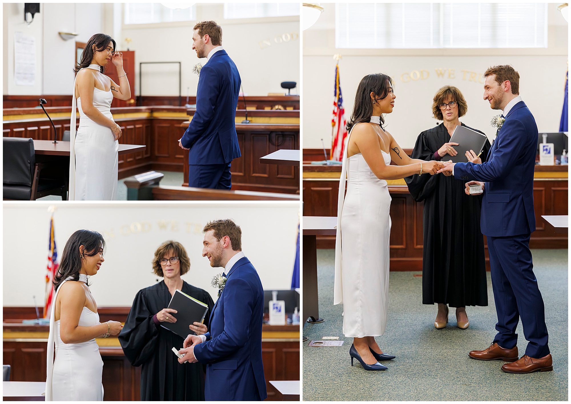 Three photos show a bride and groom exchanging vows in Beacon City Hall, with a judge officiating. The bride wears a white dress and the groom a blue suit. They hold hands and exchange rings under the words In God We Trust at their elopement.