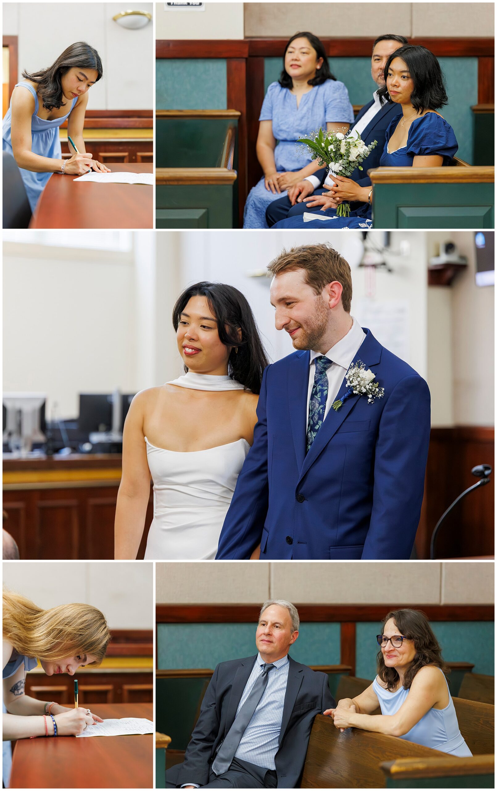 A collage of wedding photos in Beacon City Hall: the bride signs a document; guests watch; the happy couple stands together smiling; another woman signs; two guests sit and observe this intimate elopement.