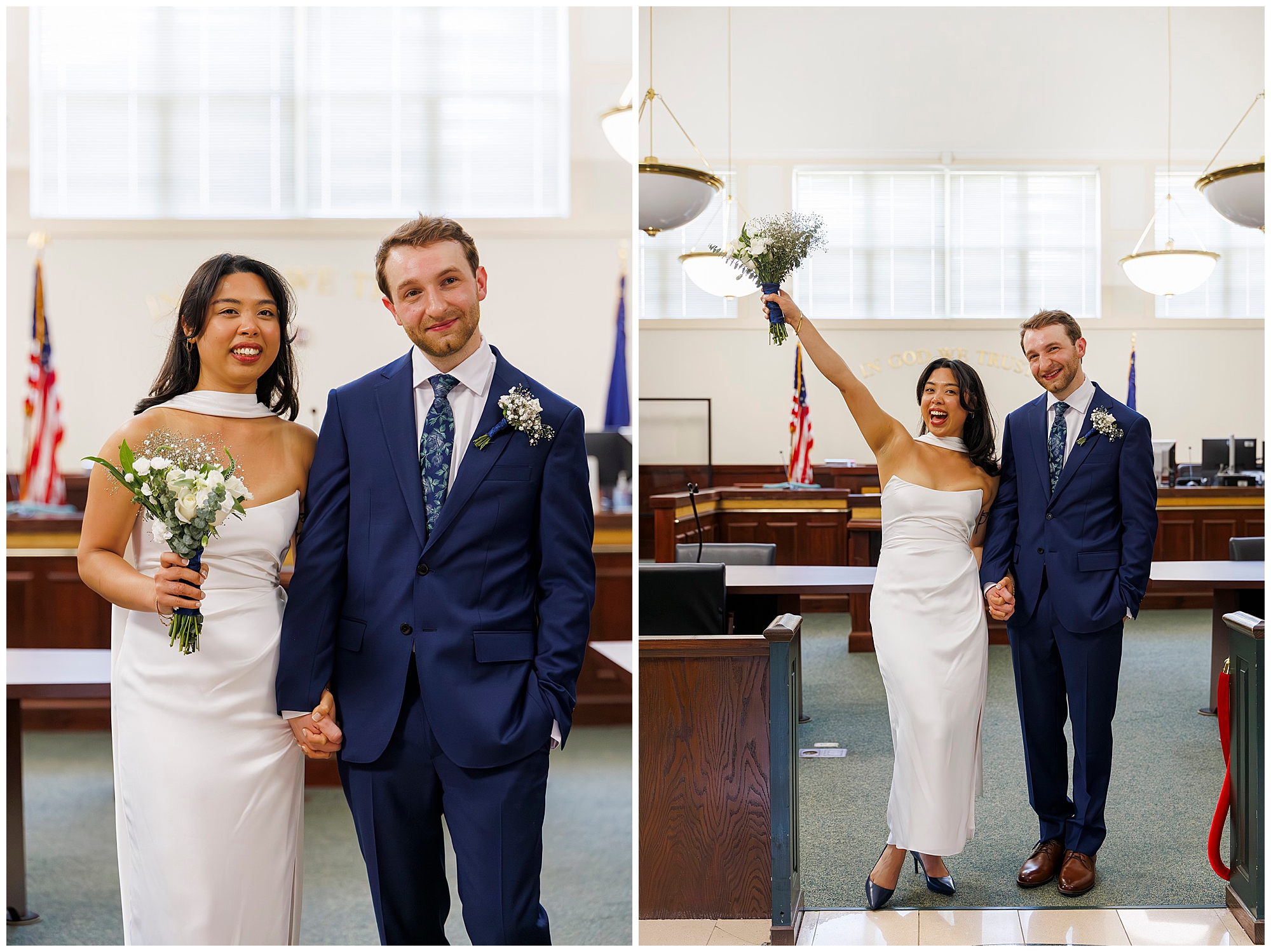 A happy couple in wedding attire stands inside Beacon City Hall, holding hands. The bride wears a white dress and holds a bouquet; the groom is in a blue suit. In the second image, she raises her bouquet at their elopement as they both smile.
