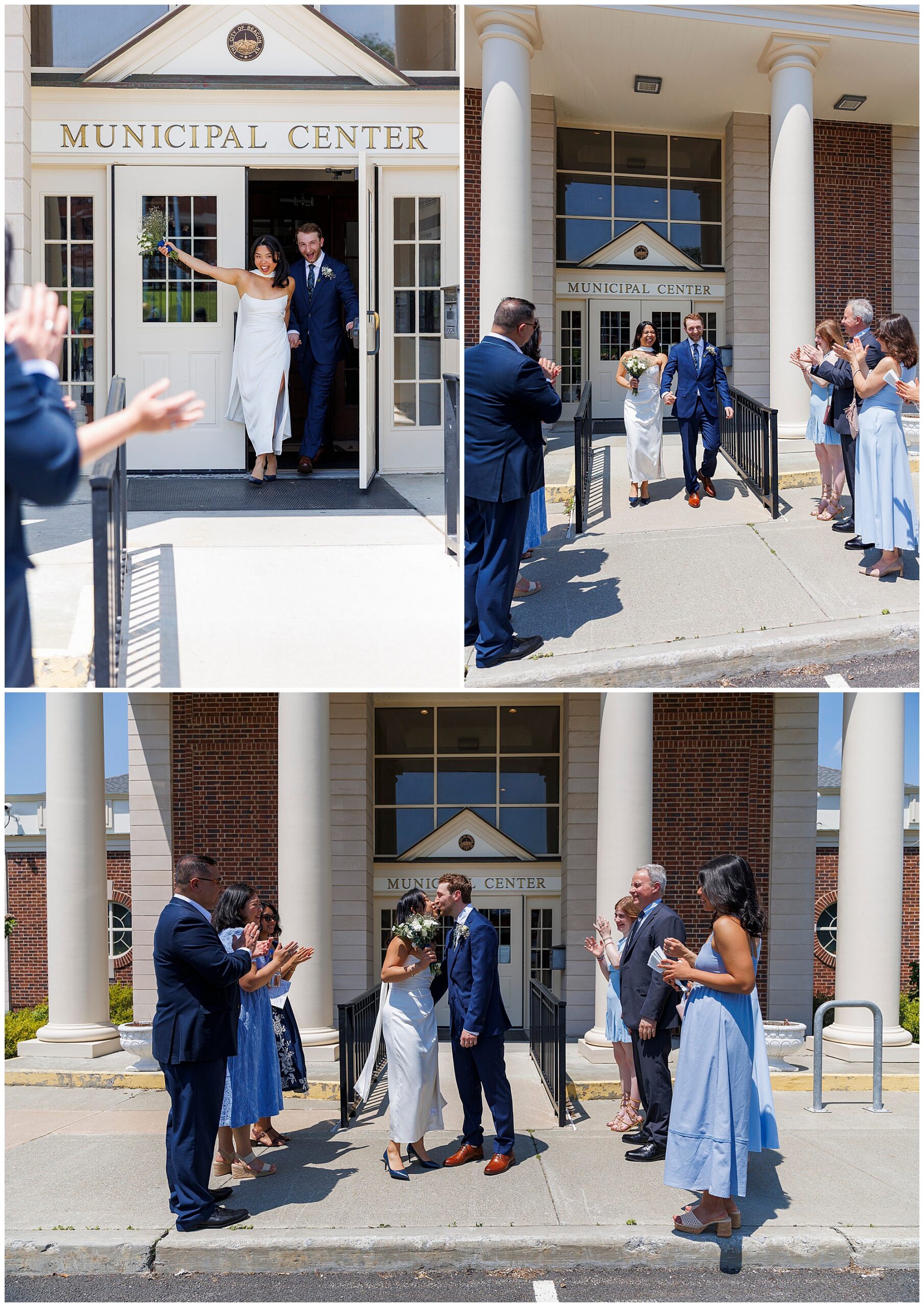 A newlywed couple exits Beacon City Hall as friends and family, dressed in blue and white, cheer and clap for them outside on a sunny day—celebrating their joyful elopement.