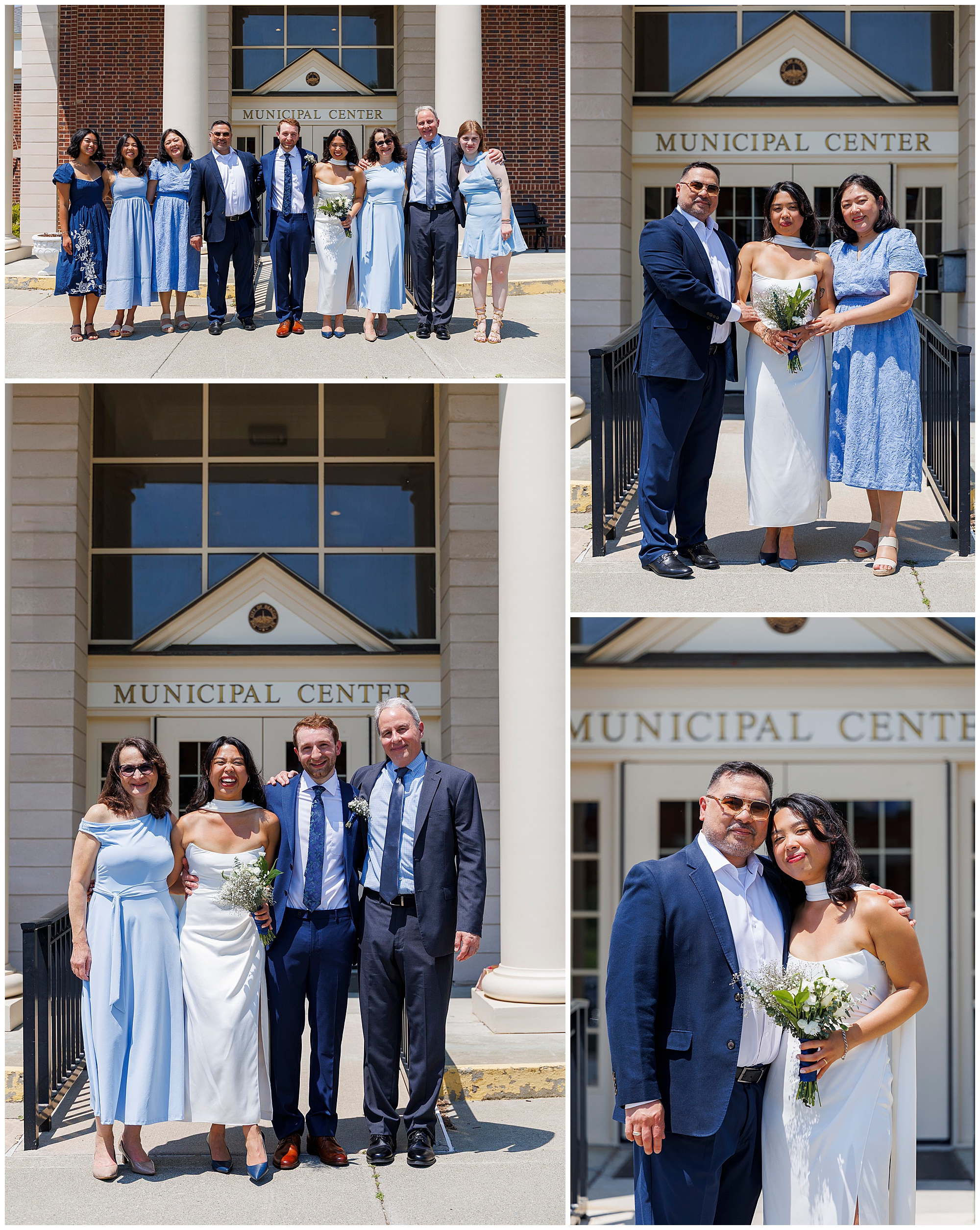 A group of people in formal attire, mostly in shades of blue and white, pose outside Beacon City Hall. Smaller images show different groupings, including a bride holding a bouquet from their elopement.