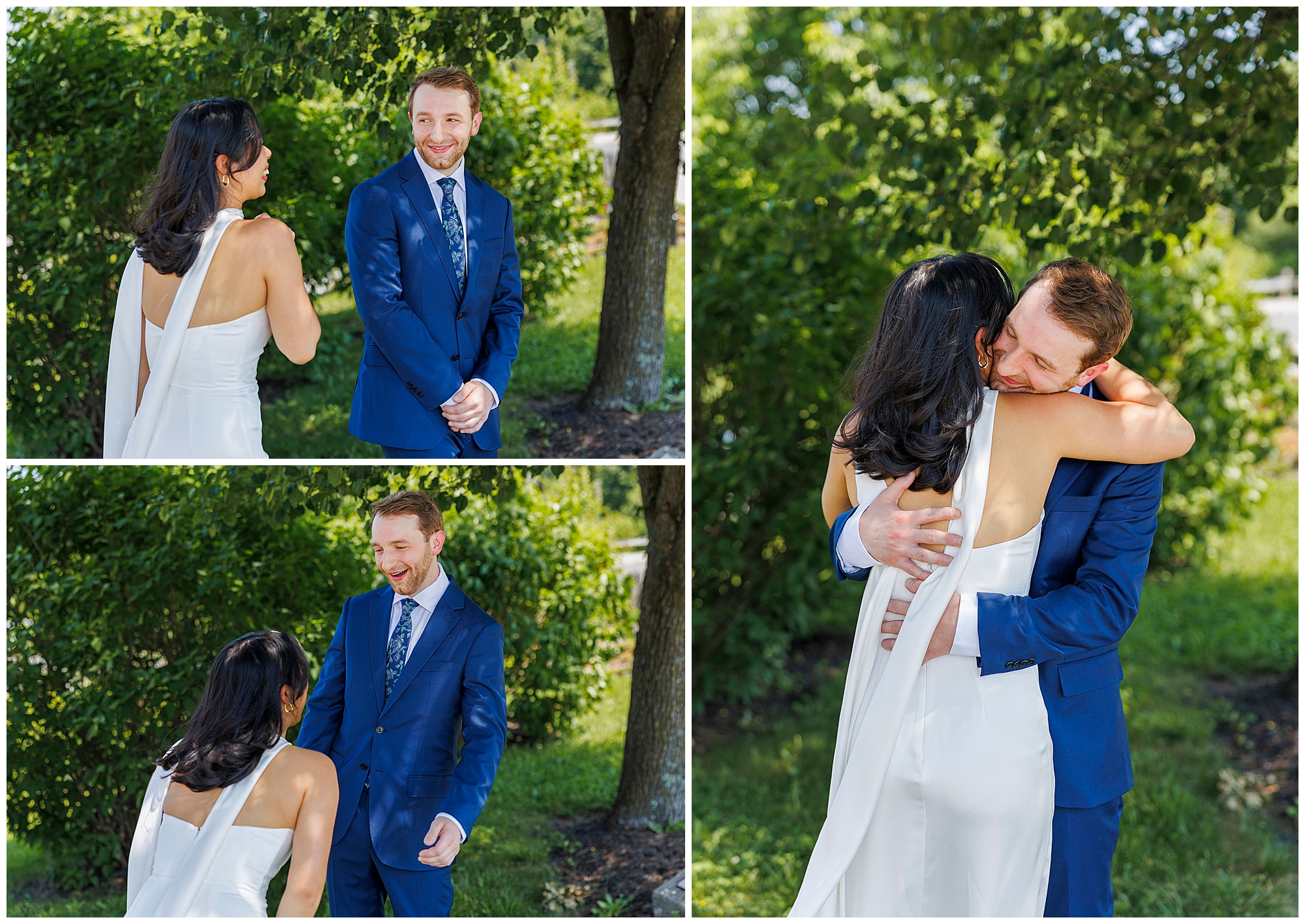 A bride and groom share an emotional first look outdoors during their Beacon City Hall elopement. The groom smiles warmly as the bride approaches, then they embrace under green trees, both looking joyful and excited.