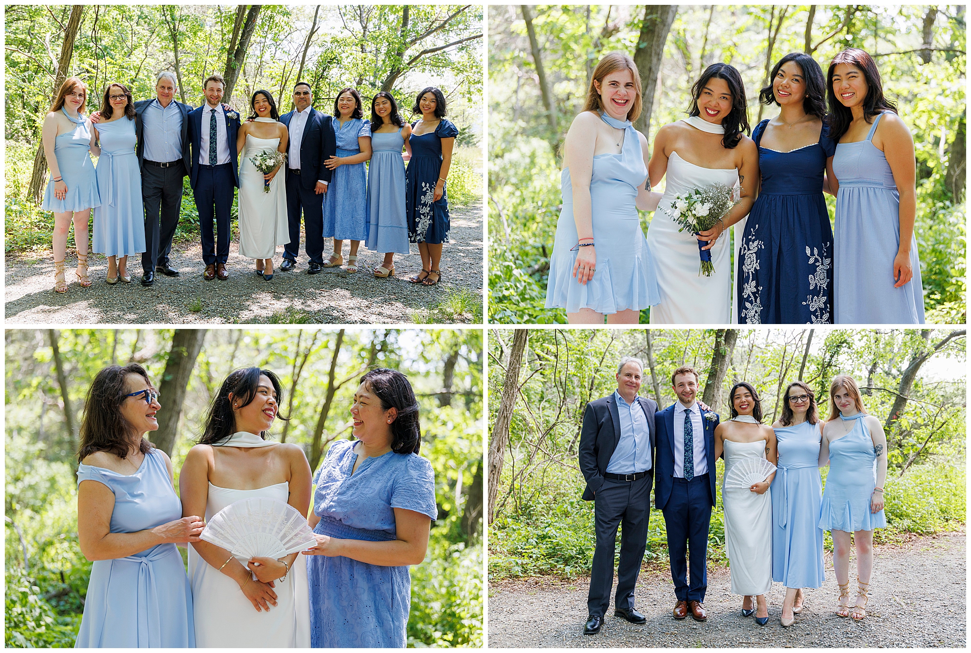 A collage of four photos shows a bride in a white dress with friends and family outdoors after a Beacon City Hall elopement. Group and pair shots feature people in light blue outfits, all smiling among trees and greenery.