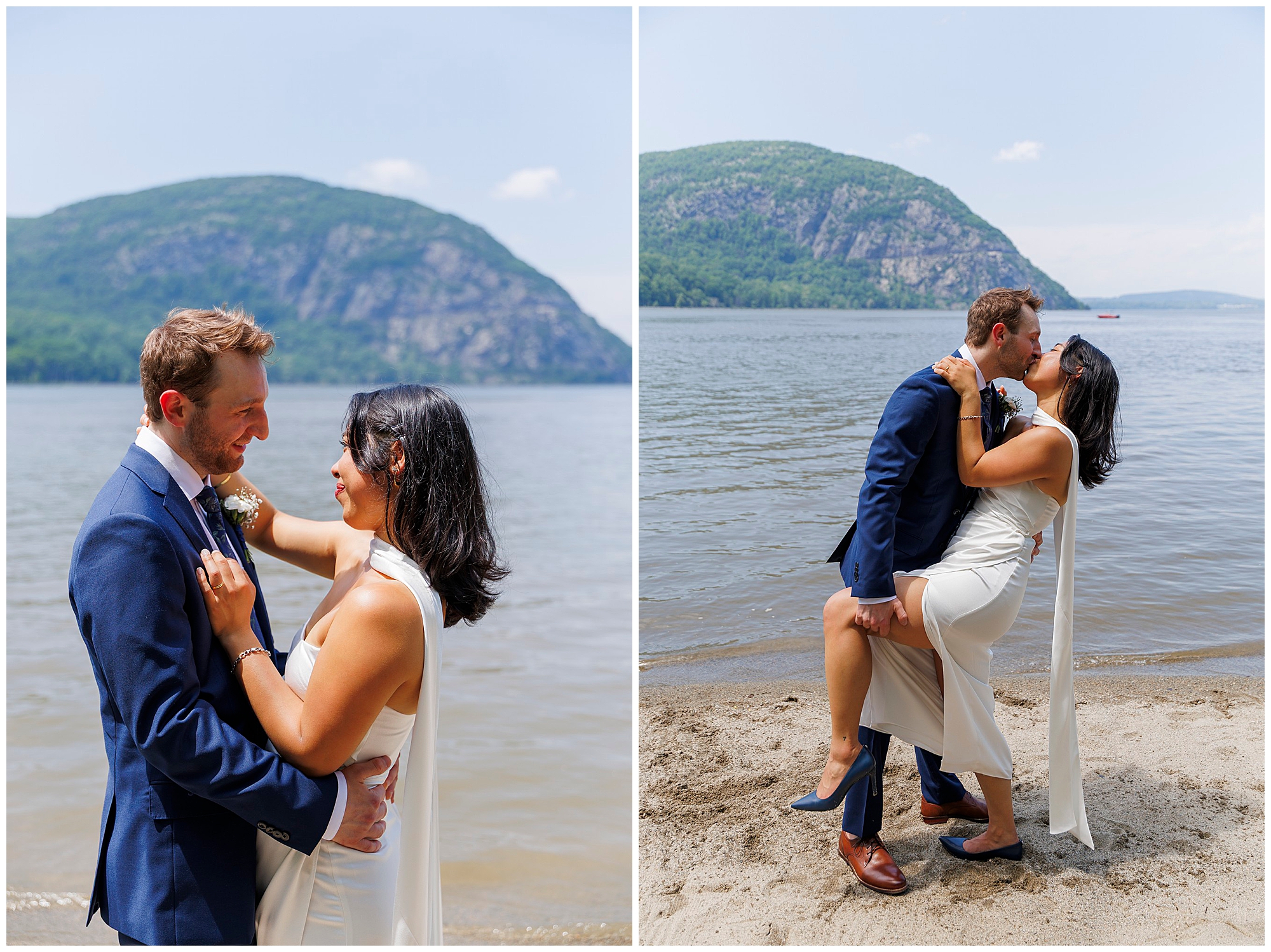 A couple dressed in formal attire stands by a lakeshore with mountains in the background, celebrating their Beacon City Hall elopement. In one photo, they gaze at each other; in another, she lifts her leg as they embrace and laugh on the sandy beach.