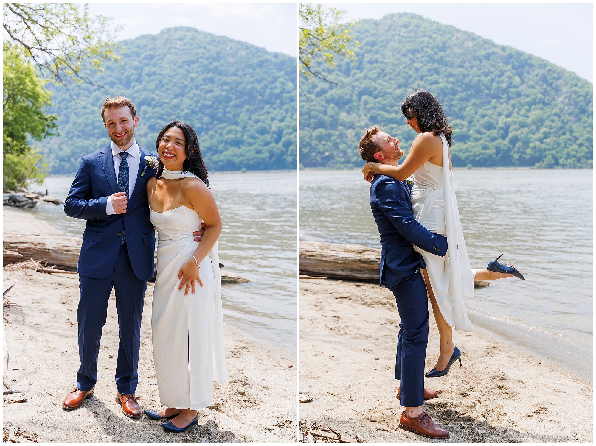A couple dressed formally smiles by a lakeside with green hills in the background, celebrating their Beacon City Hall elopement. In one photo, they stand side by side; in another, he lifts her as she laughs, both appearing joyful.