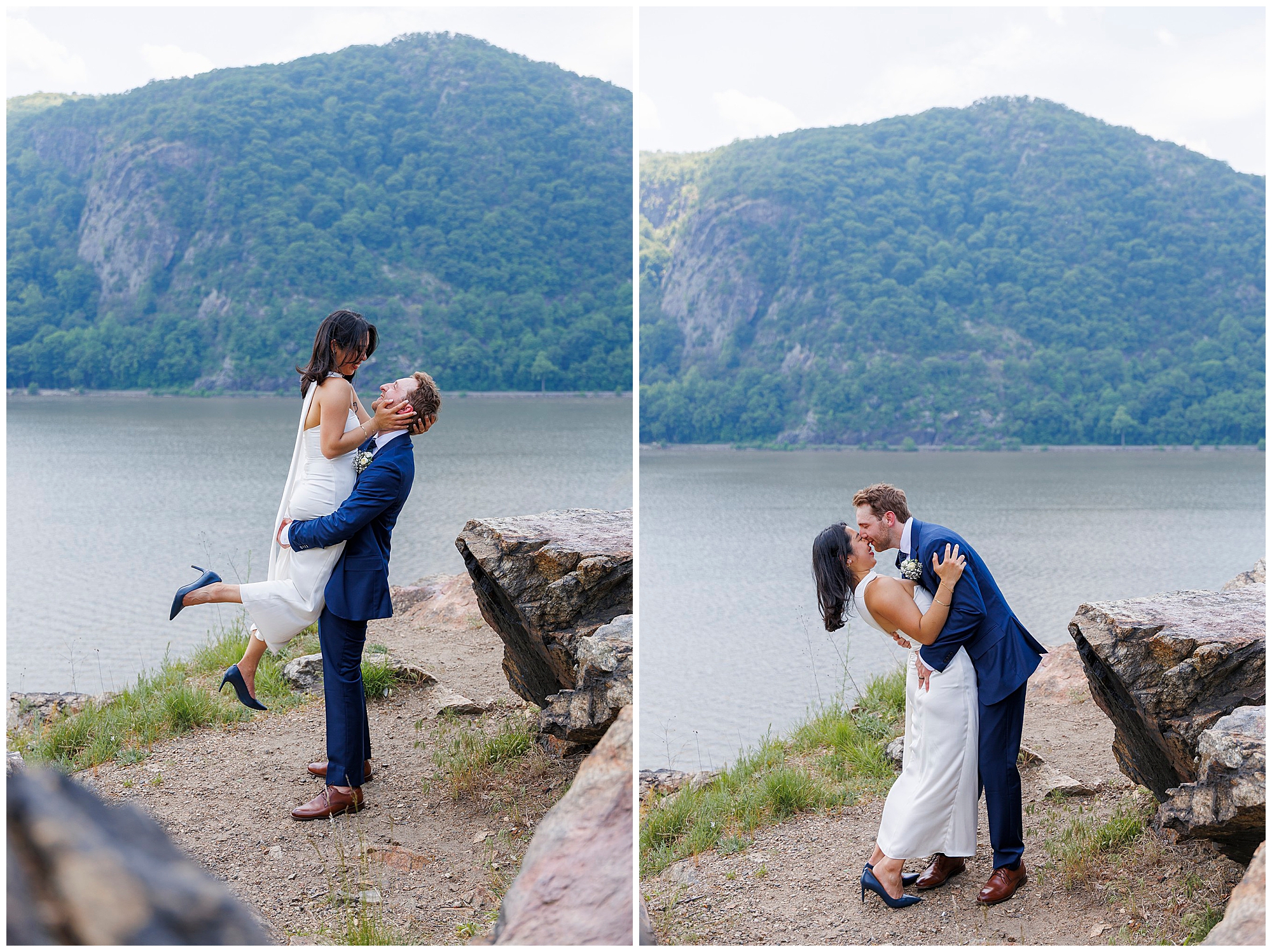 A couple dressed in wedding attire poses on a rocky overlook by a lake, surrounded by tree-covered mountains, celebrating their Beacon City Hall elopement. In one photo, the groom lifts the bride; in another, they share a joyful kiss.