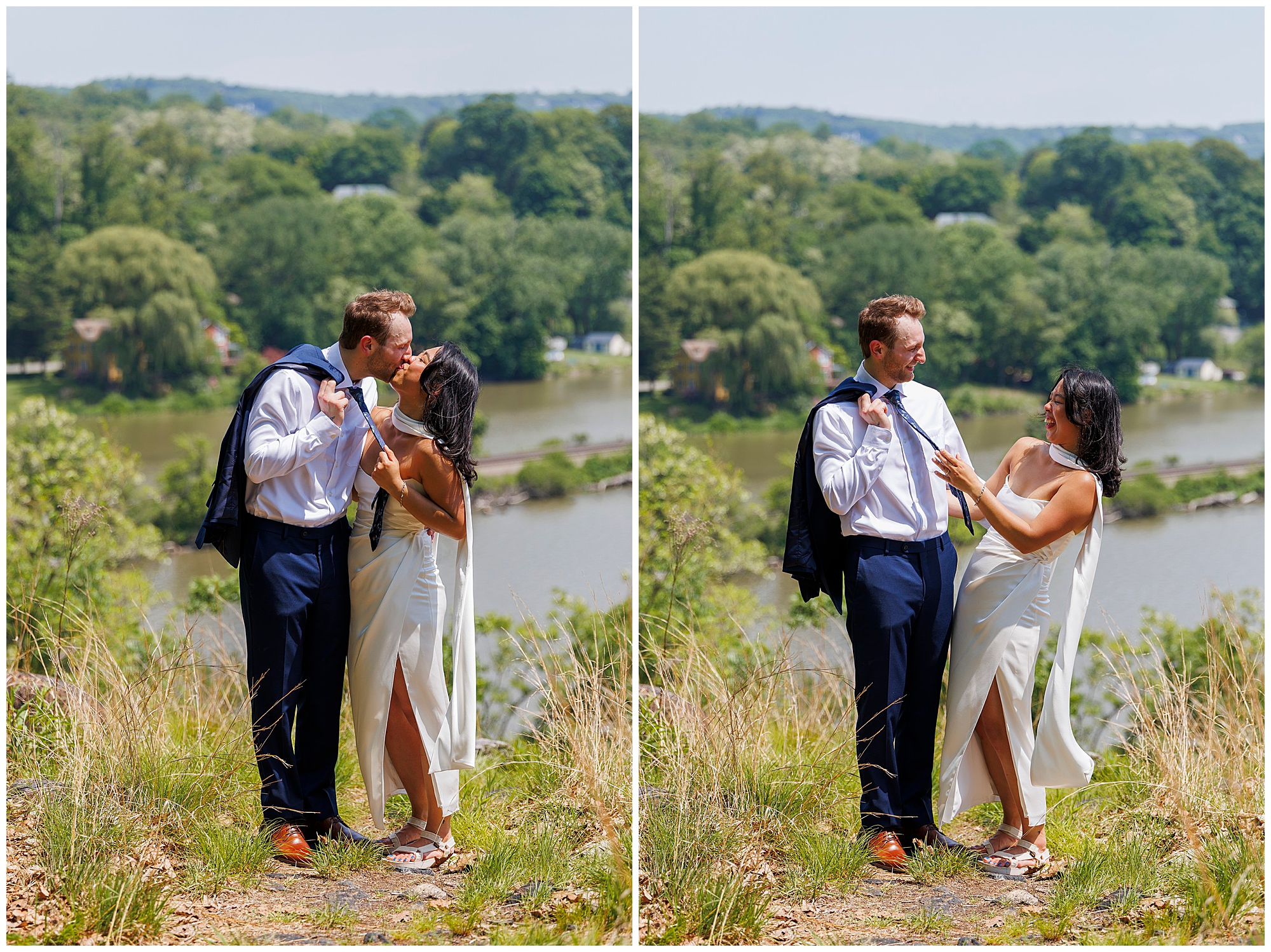 A couple stands outdoors on a grassy hill overlooking a river and trees, celebrating their Beacon City Hall elopement. The man wears a suit jacket over his shoulder, while the woman in a white dress playfully interacts with him in both photos.