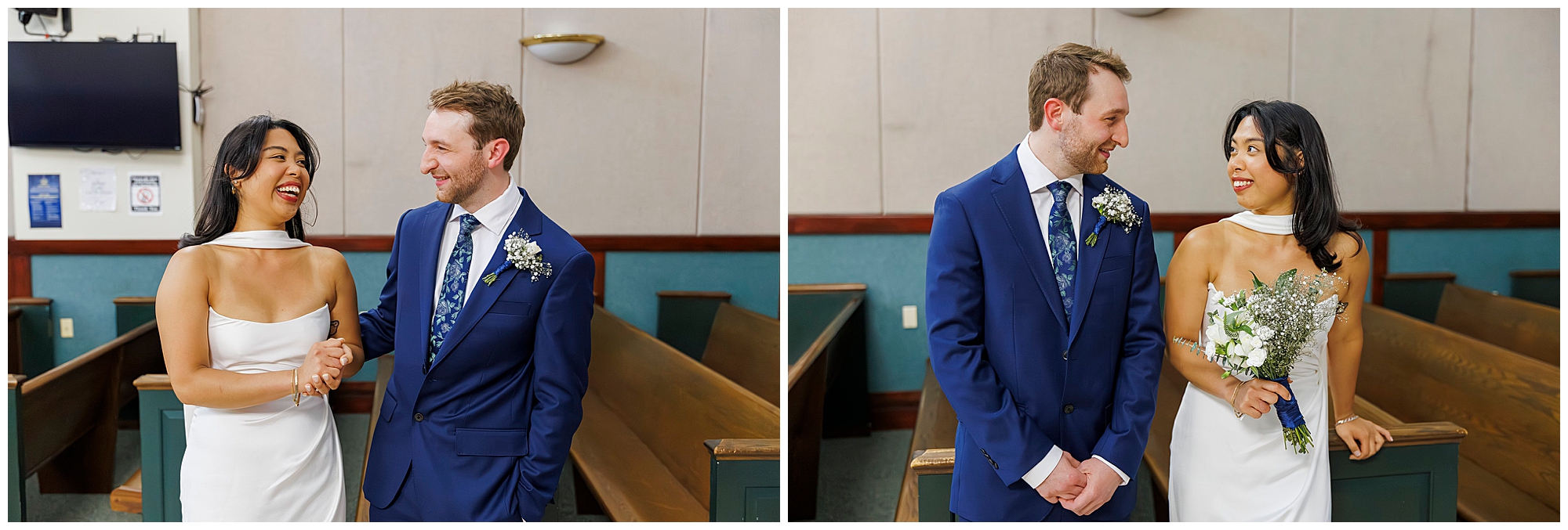 Two images show a bride and groom during their Beacon City Hall elopement. The bride in a white dress holds a bouquet; the groom, in a blue suit, smiles at her as they stand in front of wooden benches inside the courtroom.