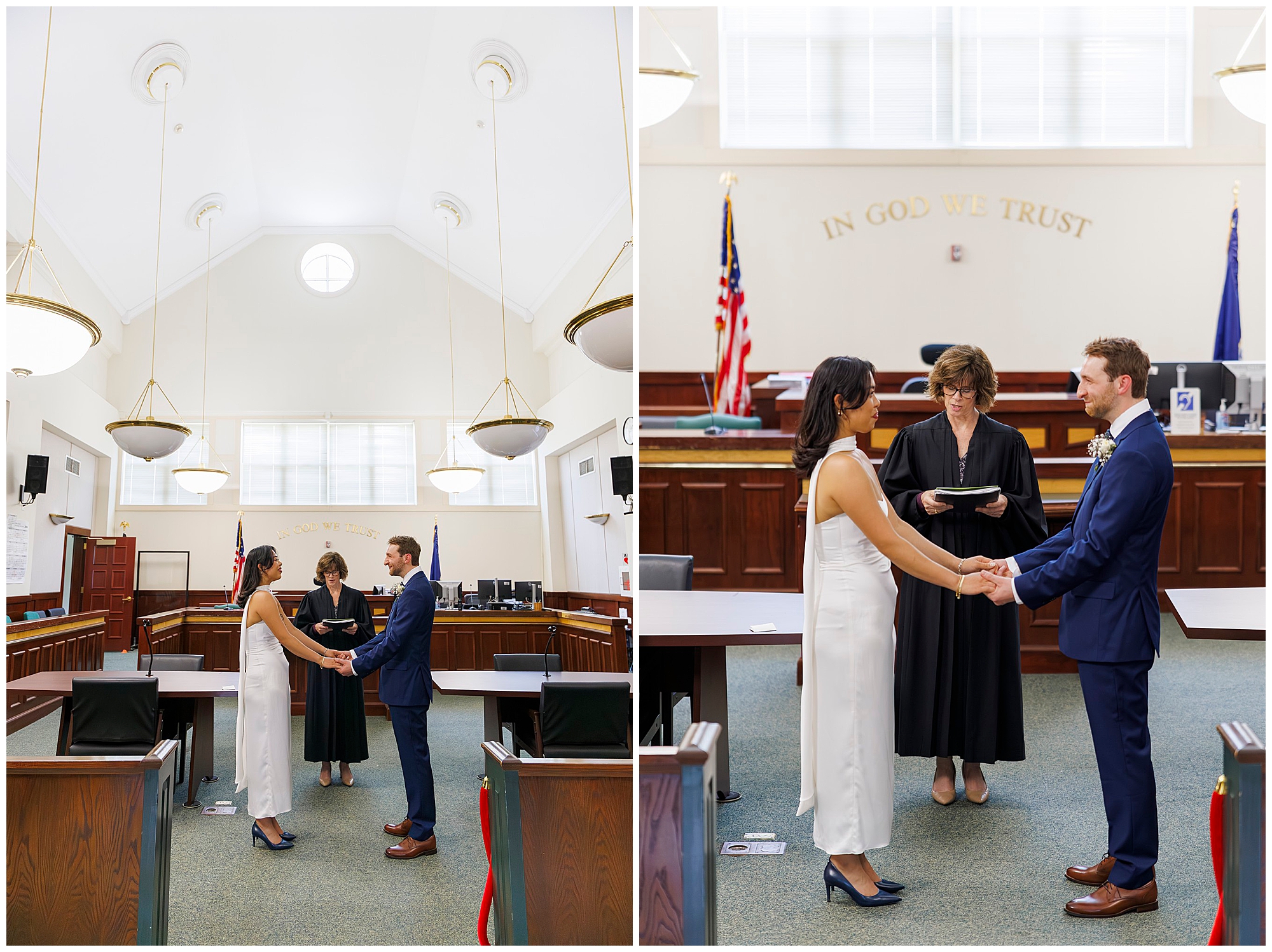 Two images side by side show a couple in formal attire holding hands and exchanging vows at a bright Beacon City Hall elopement, with a judge officiating. The phrase “In God We Trust” is visible on the wall behind the judge.