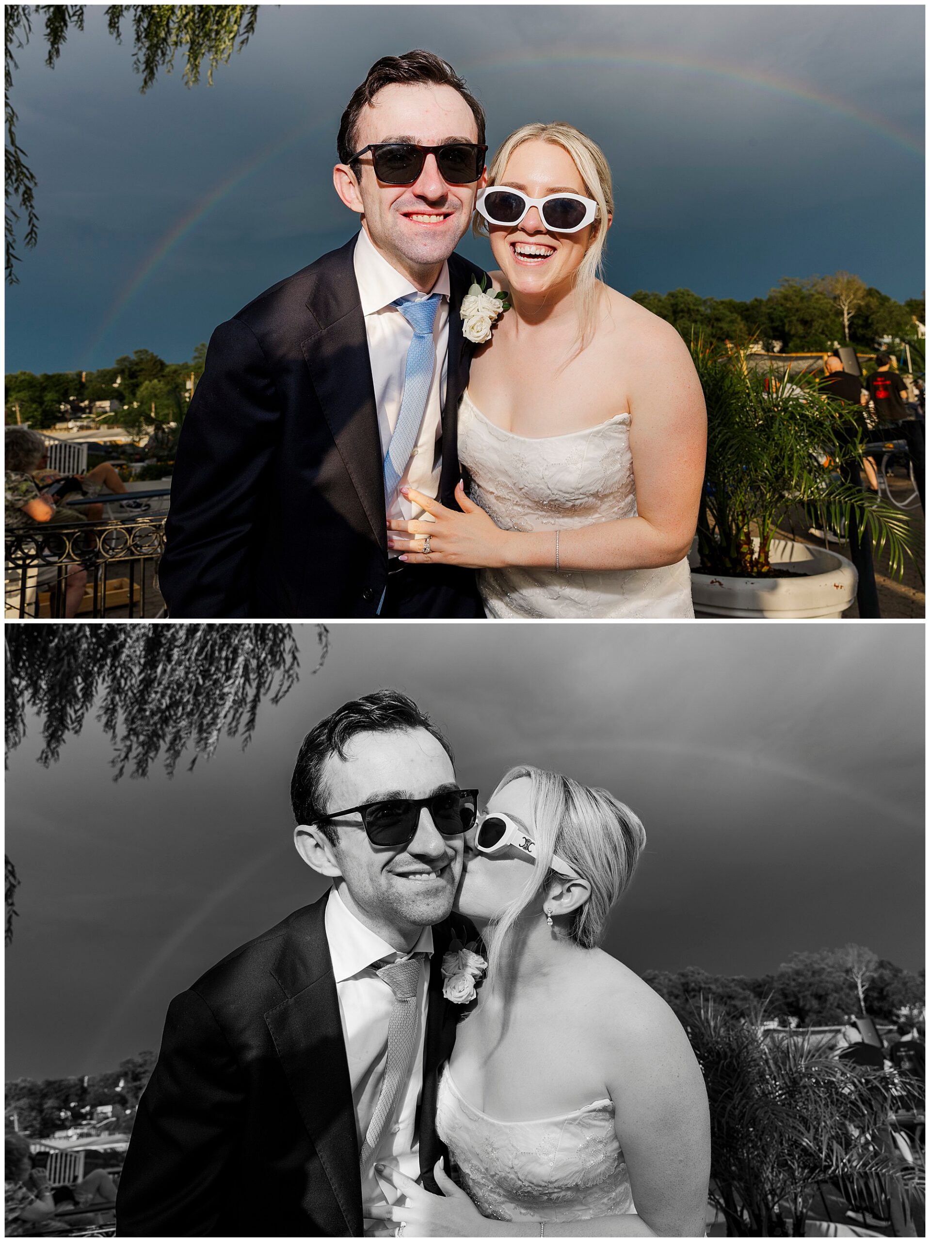 A smiling bride and groom in sunglasses pose outdoors under a rainbow at their Church of the Magdalene wedding; in the second photo, the bride kisses the groom on the cheek. The second image is in black and white.