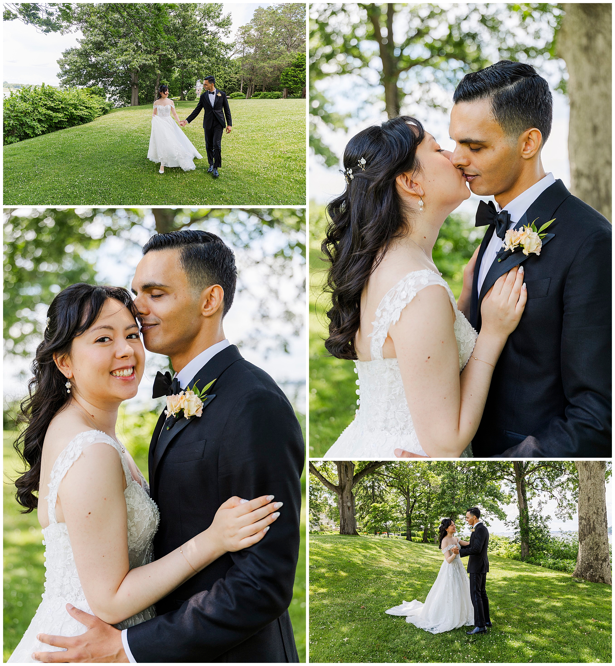 A collage of four wedding photos shows a bride in a white dress and a groom in a black suit outdoors, smiling, embracing, kissing, and holding hands on a sunny, green lawn.