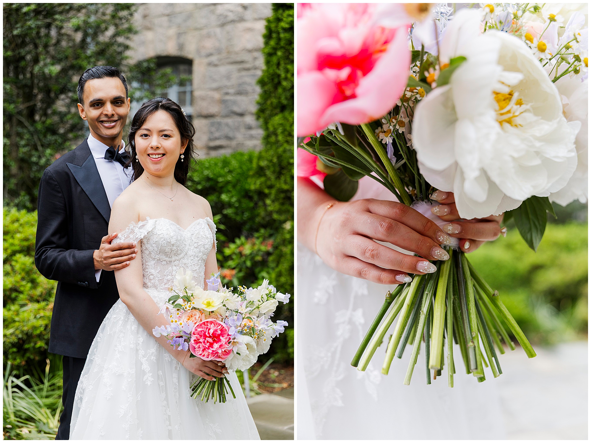 A bride and groom pose outdoors; she wears a white, off-the-shoulder gown and holds a colorful bouquet. A close-up photo shows her hands holding the bouquet of pink, white, and yellow flowers.