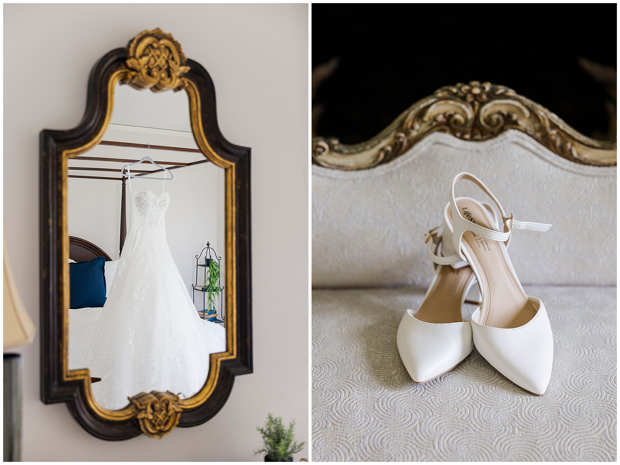On the left, a white lace wedding dress hangs reflected in an ornate mirror. On the right, a pair of white bridal shoes with ankle straps rests on a light patterned cushion.
