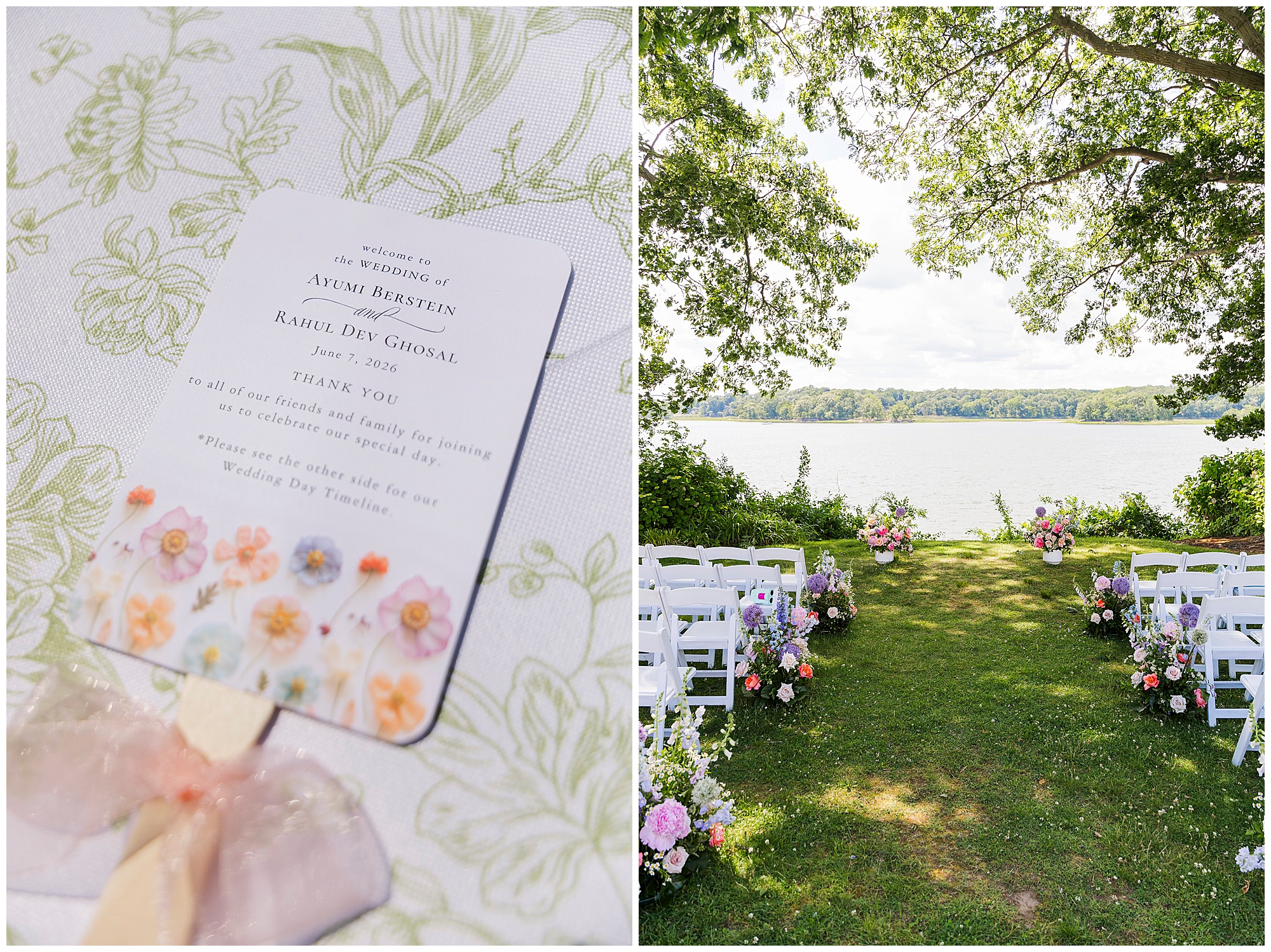 Left: A floral-themed wedding program with pastel flowers on a green patterned fabric. Right: An outdoor wedding ceremony setup with white chairs and floral arrangements overlooking a lake under leafy trees.