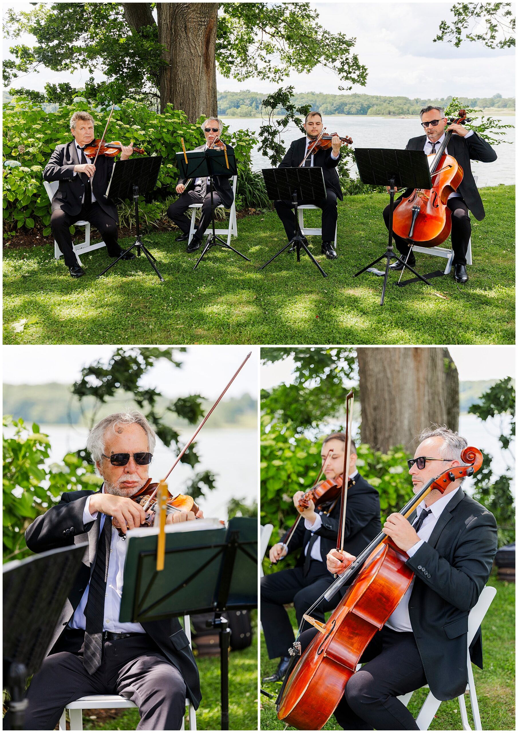 A string quartet, dressed in black suits, performs outdoors by a lake. The musicians play violin, viola, and cello, seated on white chairs under trees on a grassy lawn.