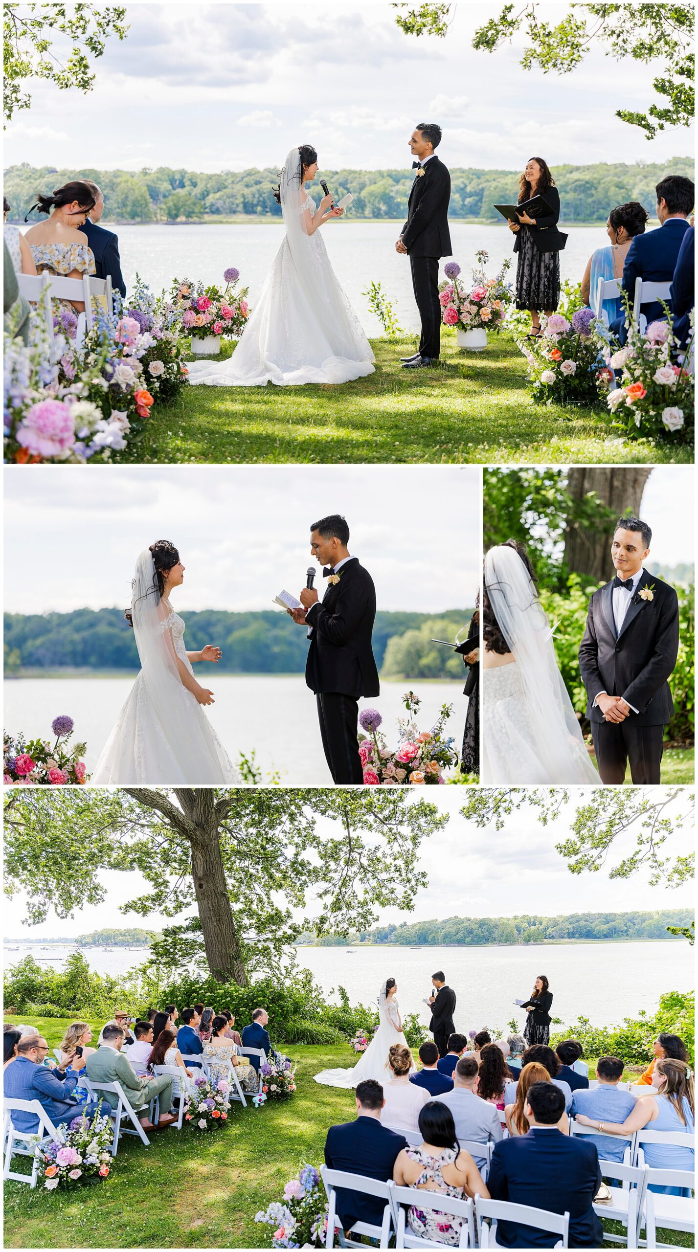 A bride and groom exchange vows outdoors by a lake, surrounded by colorful flowers and seated guests, under a bright sky during their wedding ceremony.