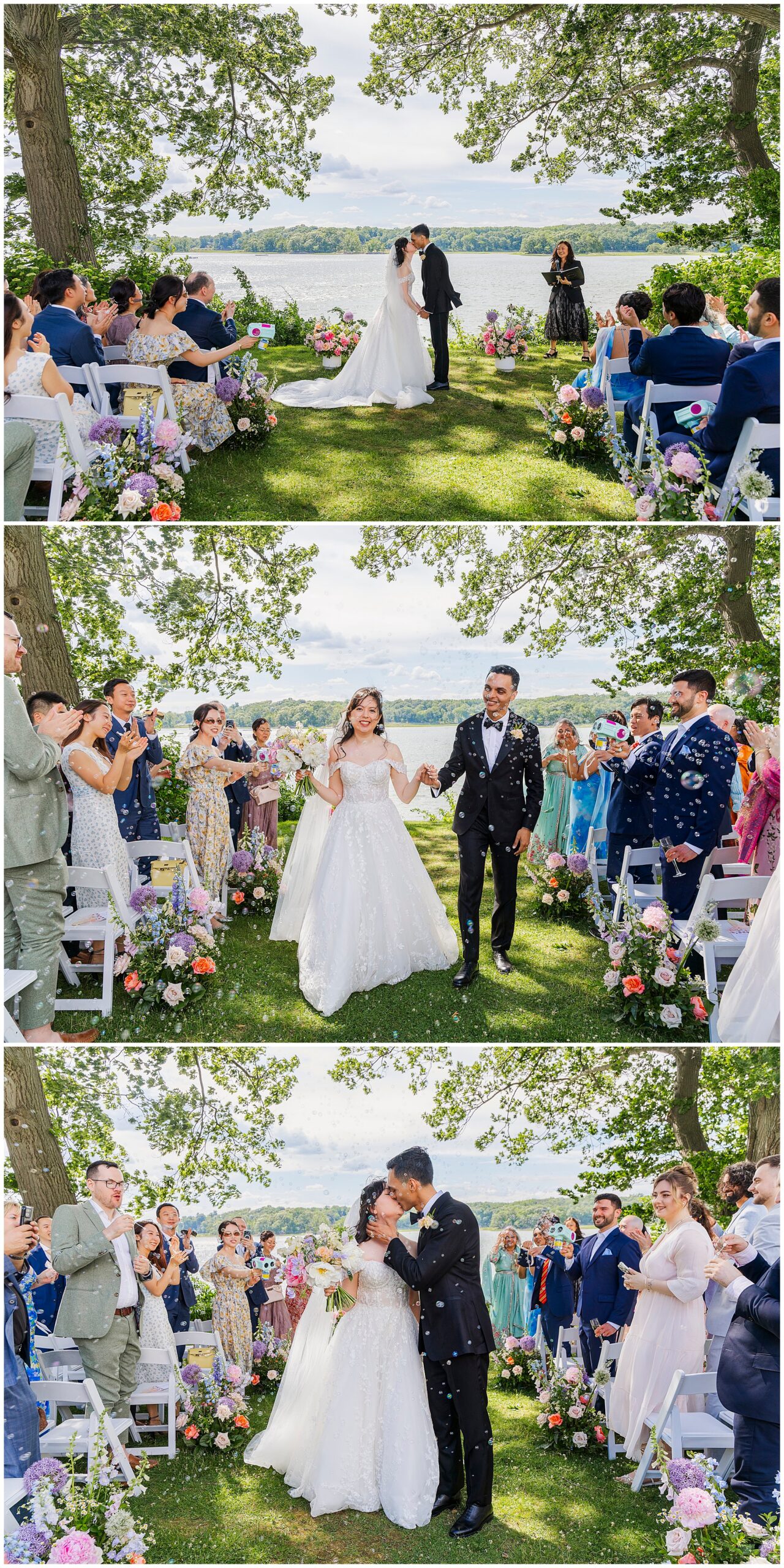 A couple gets married outdoors by a lake, surrounded by guests and colorful flowers. They walk joyfully down the aisle, holding hands, then share a kiss as friends and family celebrate.