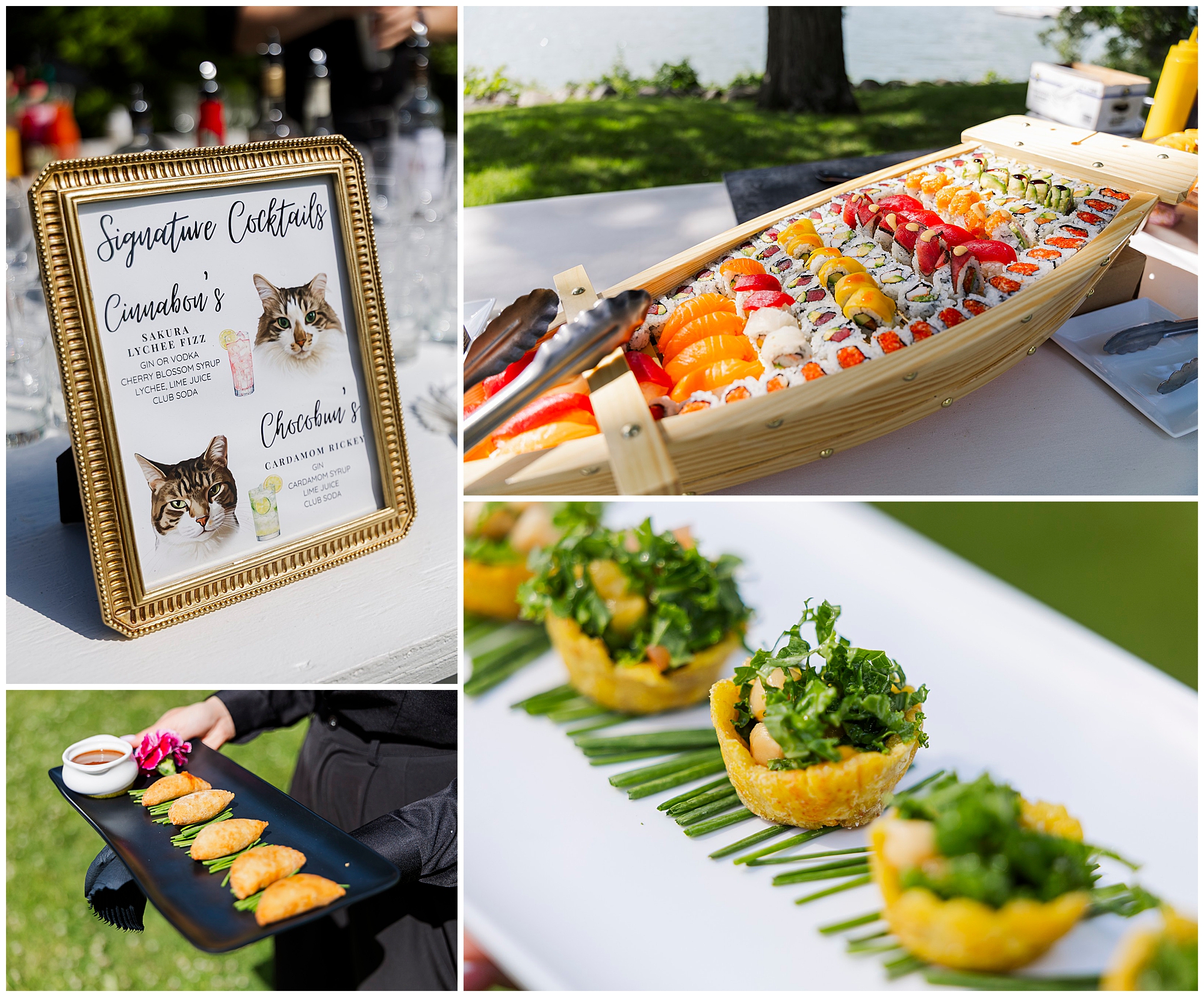 A collage shows fancy outdoor catering: a framed “Signature Cocktails” menu with cat photos, assorted sushi in a wooden boat, a server holding empanadas with sauce, and tostadas topped with greens on a white plate.