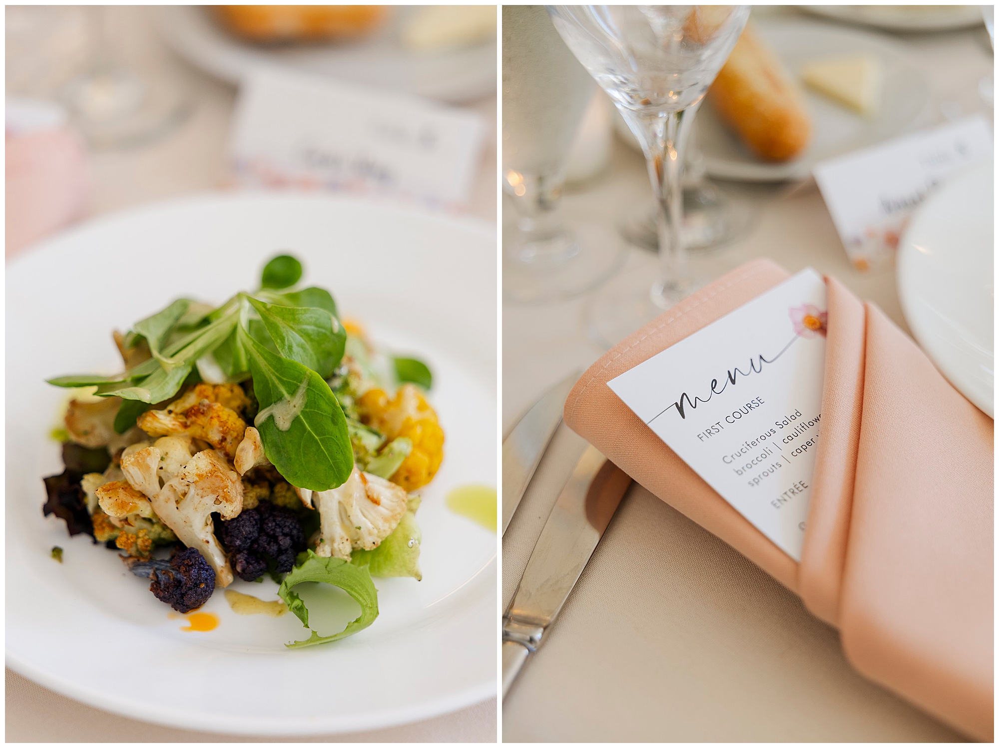 Close-up of a plated vegetable dish garnished with greens, next to an image of a menu card tucked into a peach-colored napkin at a formal table setting.