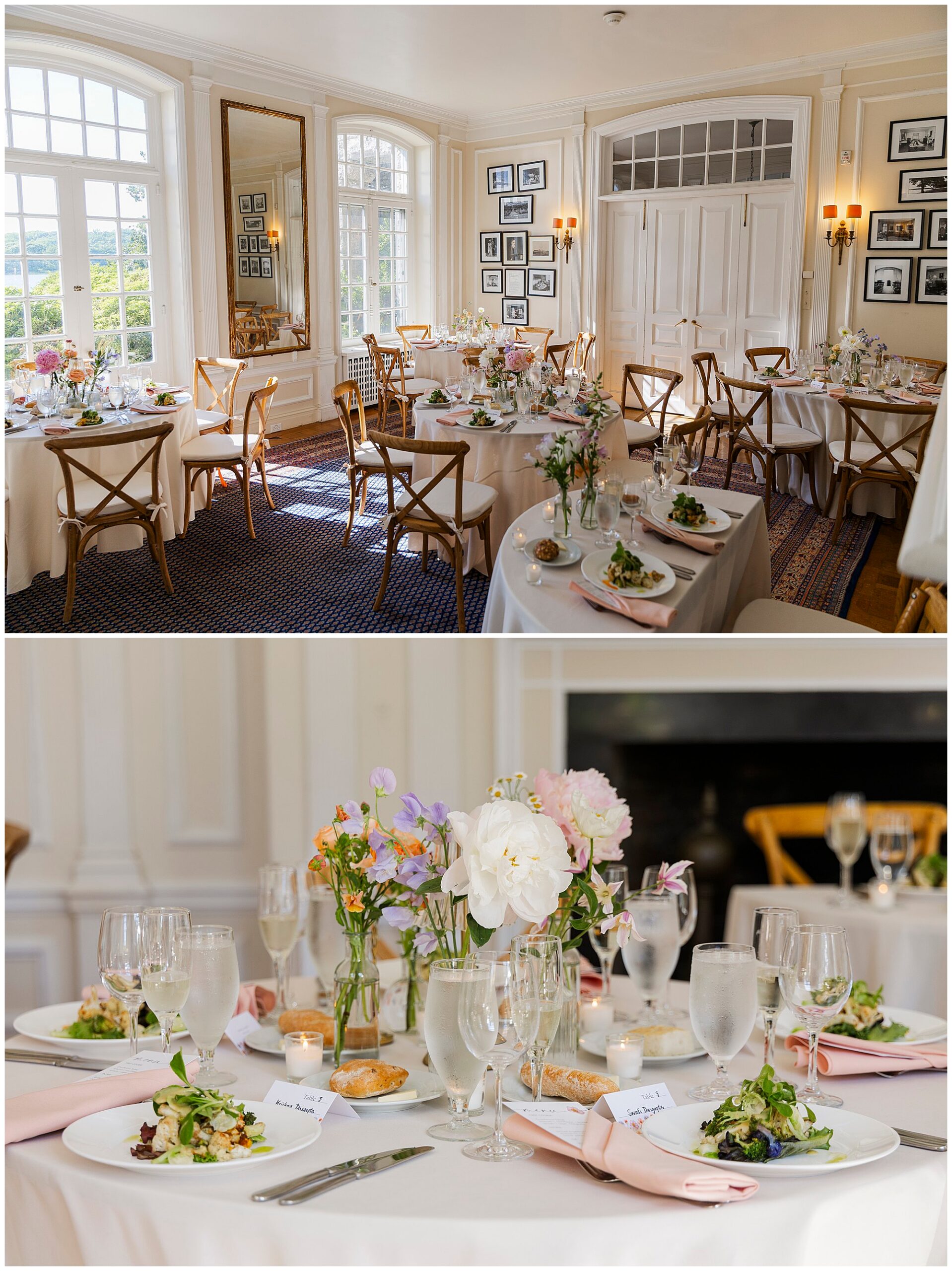 Two photos show an elegant dining room set for an event, with round tables covered in white cloths, floral centerpieces, glassware, plates of salad, and wooden chairs. Soft natural light fills the room.