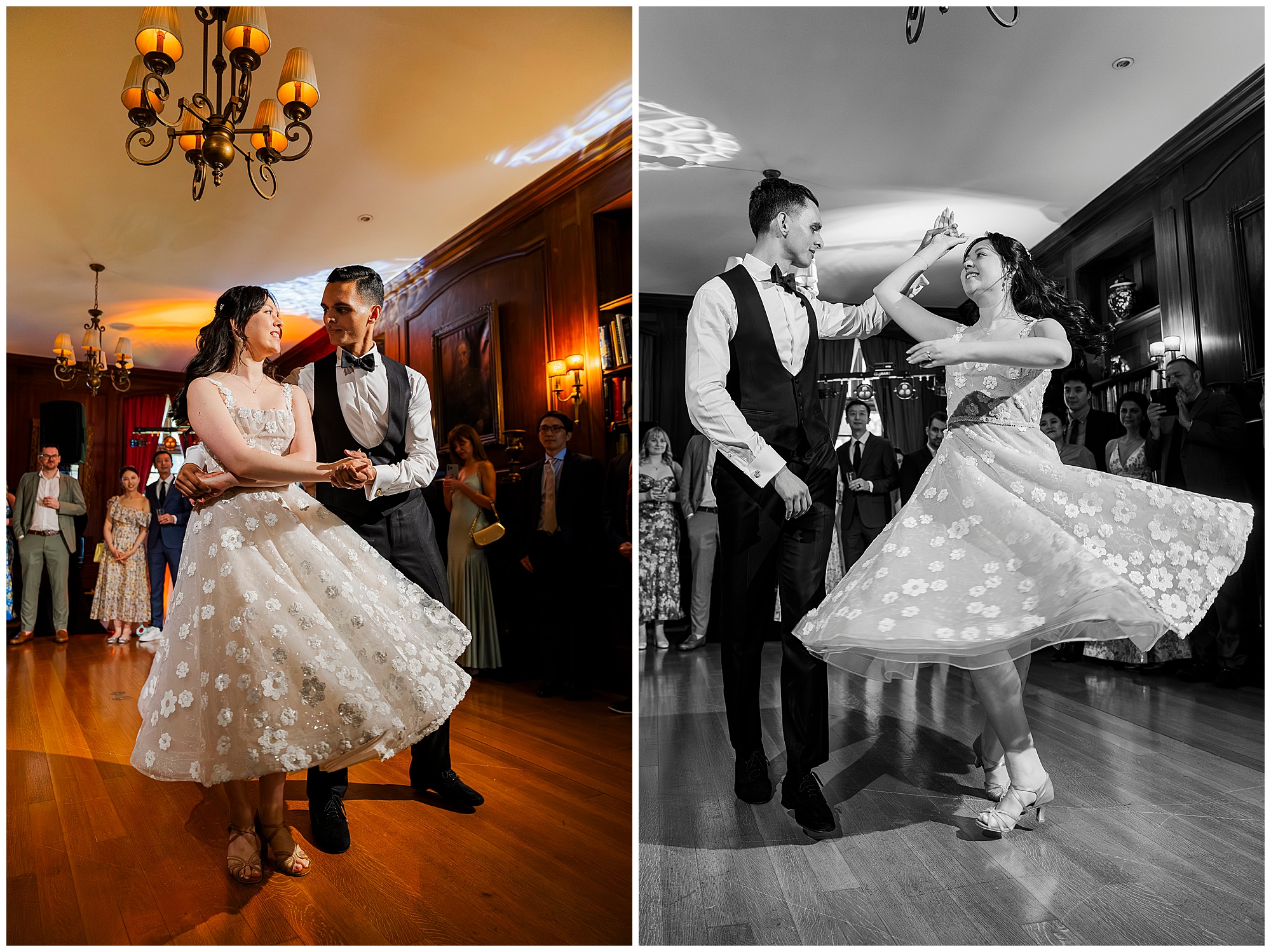 Two photos of a couple in formal attire dancing at a wedding reception. The woman twirls in a white, floral dress while guests watch, and warm indoor lighting enhances the celebratory atmosphere.