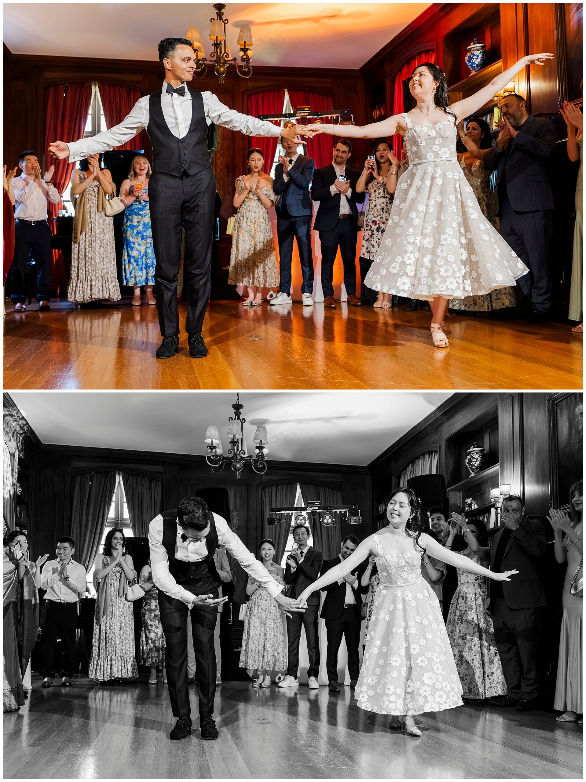 Two photos show a couple dancing at a formal event, surrounded by clapping guests. In both, the man bows while the woman smiles, arms outstretched. The top image is in color; the bottom is in black and white.