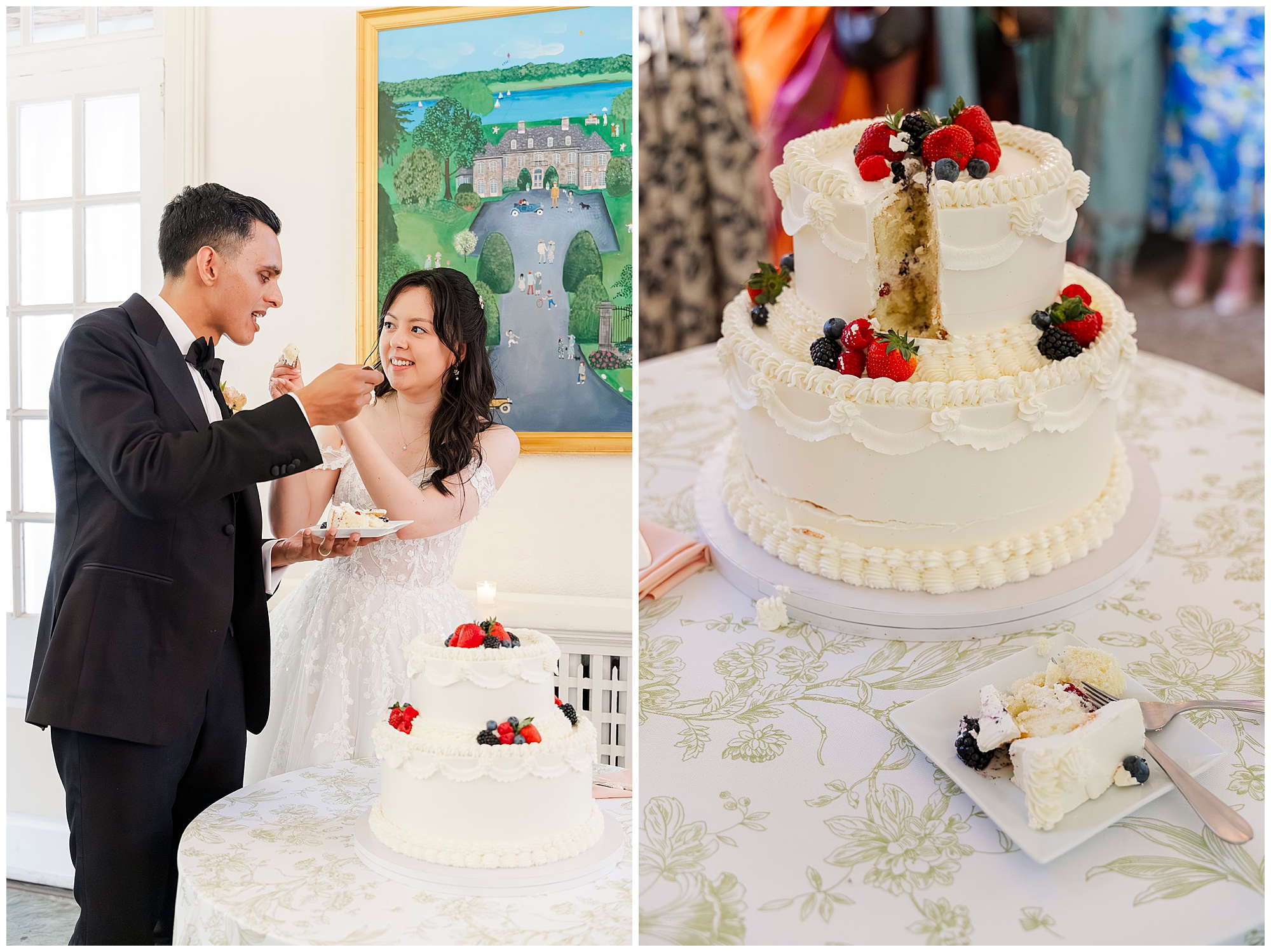 A bride and groom feed each other cake beside a white tiered wedding cake topped with berries. The second image shows the cake with a slice missing and a plate with two cake slices on a floral tablecloth.