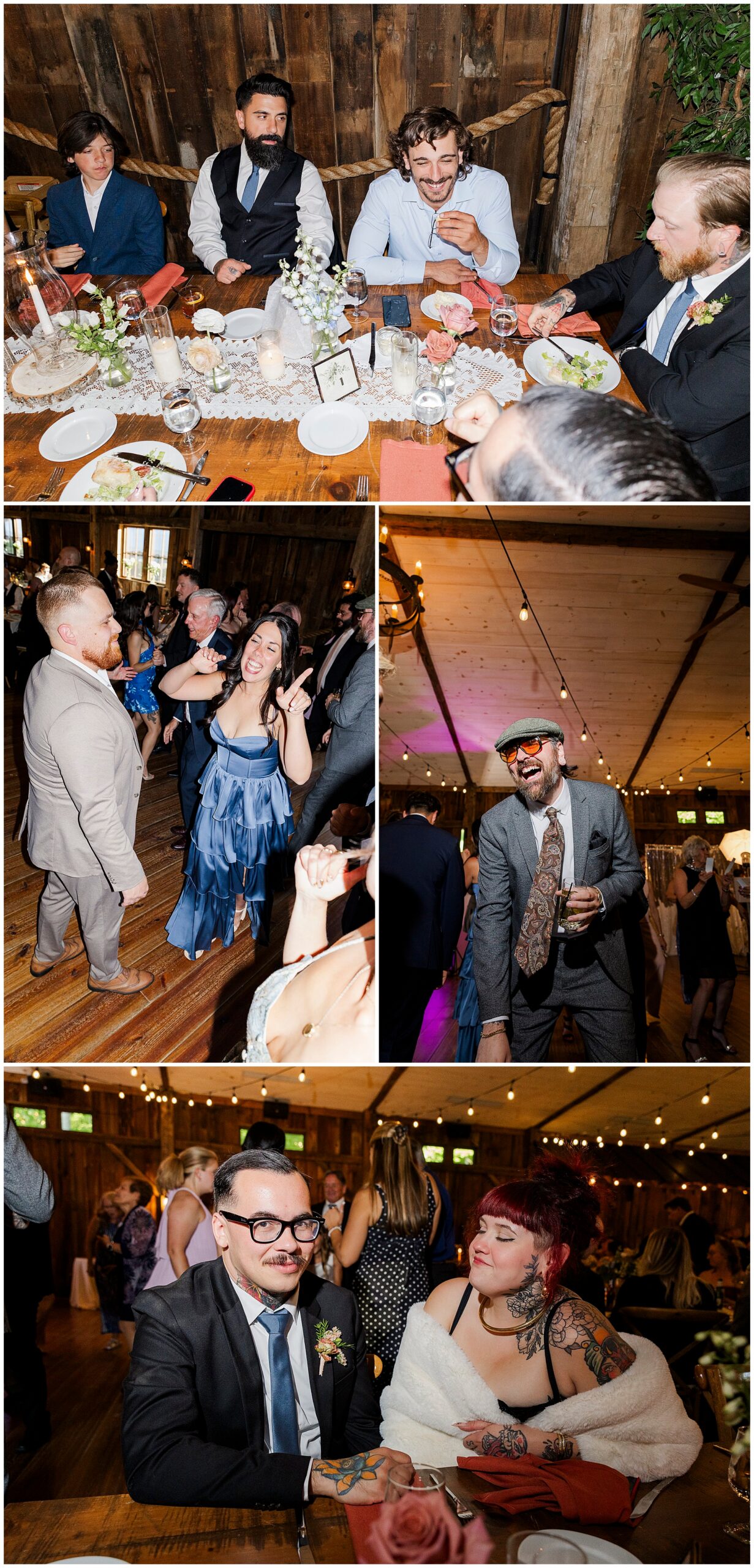 A collage of four photos from a Preston Barn wedding: guests at a rustic wooden table, people dancing and smiling on the wooden floor, a laughing man in hat and sunglasses, and a happy couple—one with red hair and tattoos.