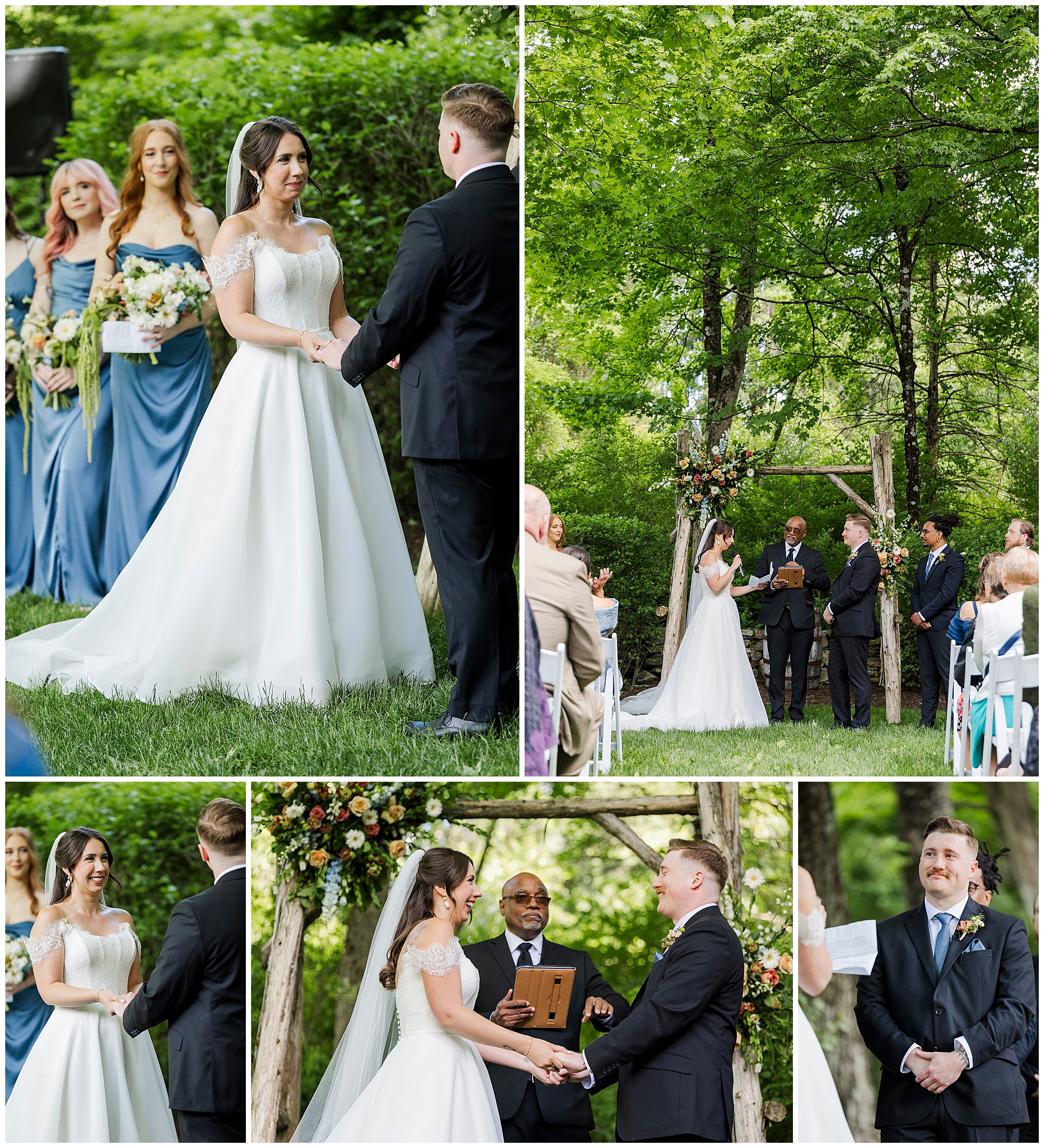 A bride and groom exchange vows outdoors under a wooden arch adorned with flowers at their Preston Barn wedding, surrounded by bridesmaids in blue dresses, groomsmen, and guests seated on white chairs in a green, wooded setting.