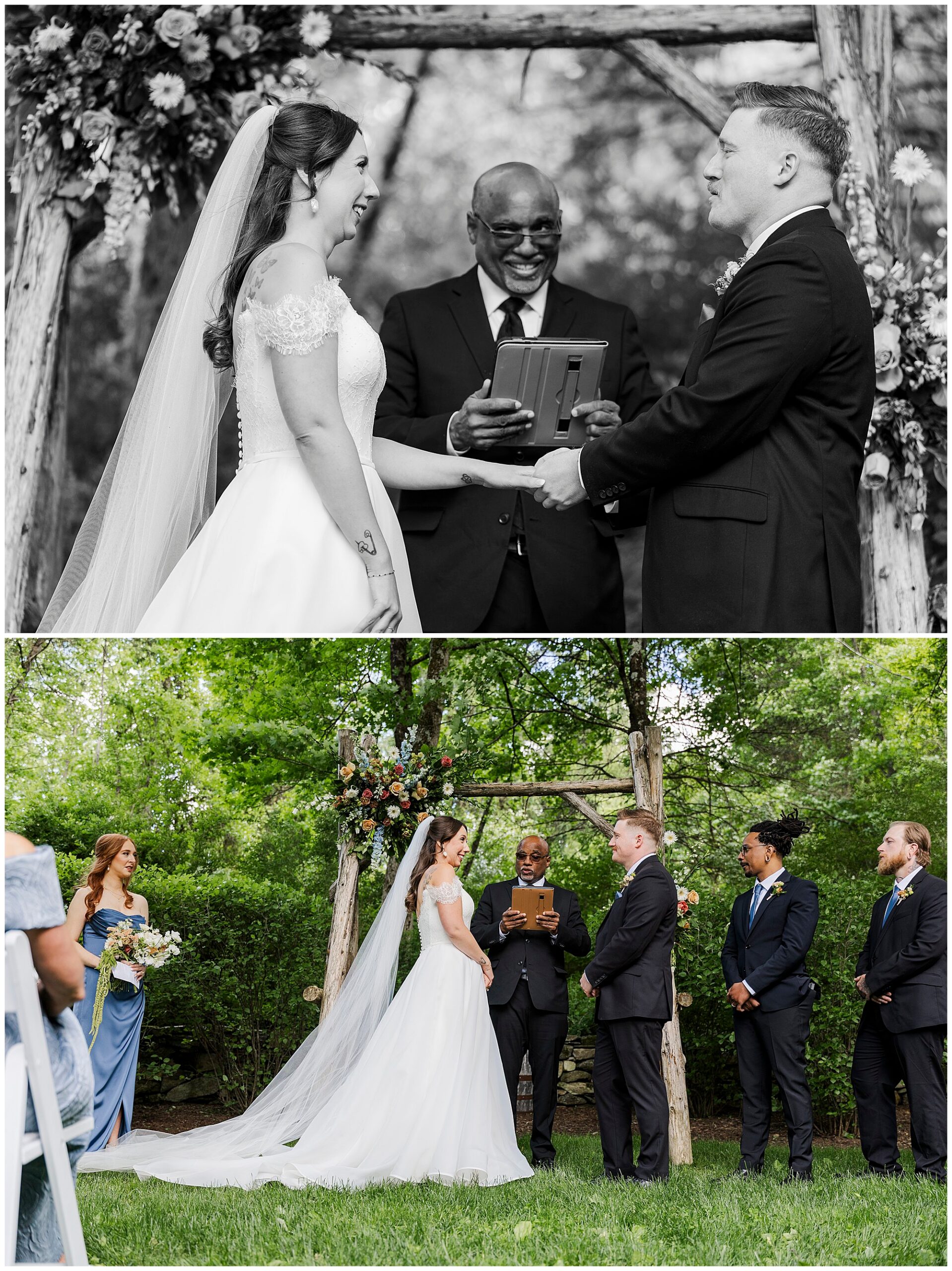 A bride and groom stand before an officiant, exchanging vows outdoors under a rustic wooden arch with floral decorations at their Preston Barn wedding, surrounded by their wedding party in formal attire.