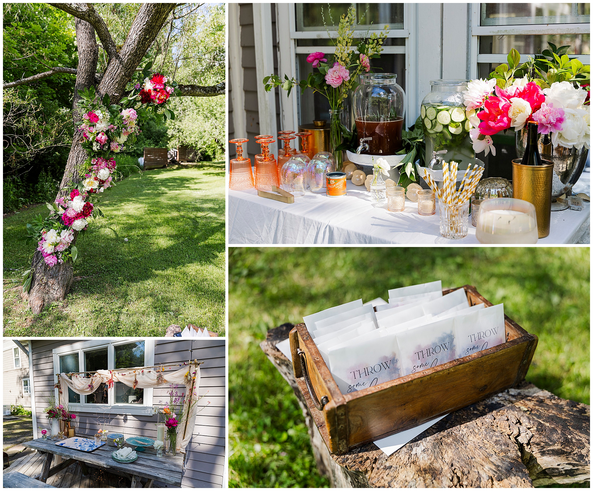 Collage of outdoor party scenes: a flower-decorated tree, a drink and treat table with flowers and glassware, a rustic table with decorations, and a wooden box of confetti bags—perfect for an Airbnb micro wedding in a lush green backyard.