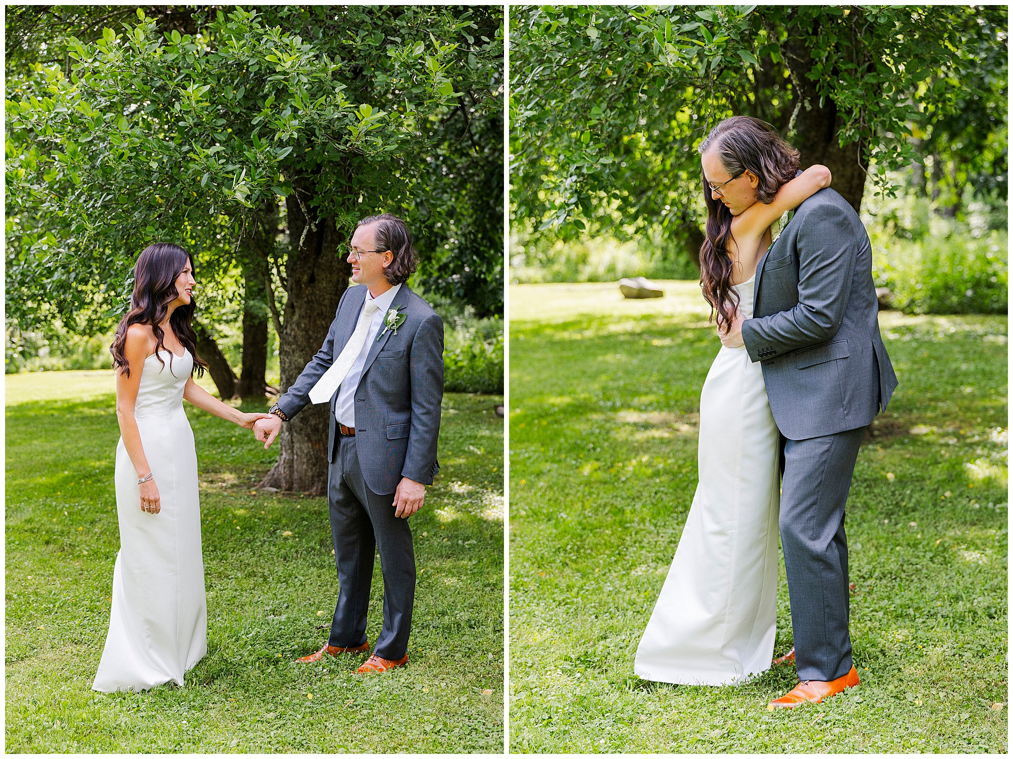 Two photos side by side show a bride in a white dress and a man in a suit outdoors at their Airbnb micro wedding, holding hands in the first image and hugging in the second, both smiling under green trees on a sunny day.