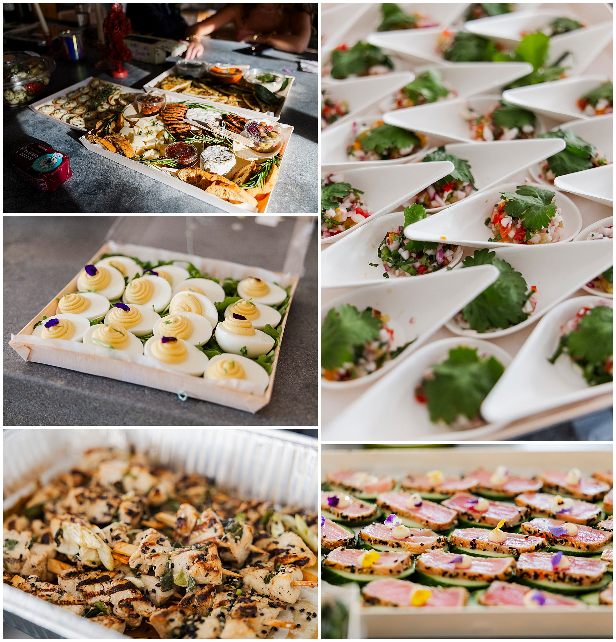 A collage of catered appetizers perfect for an Airbnb micro wedding, featuring a charcuterie board, deviled eggs, grilled chicken, cucumber bites with toppings, and spoonfuls of salsa garnished with cilantro.