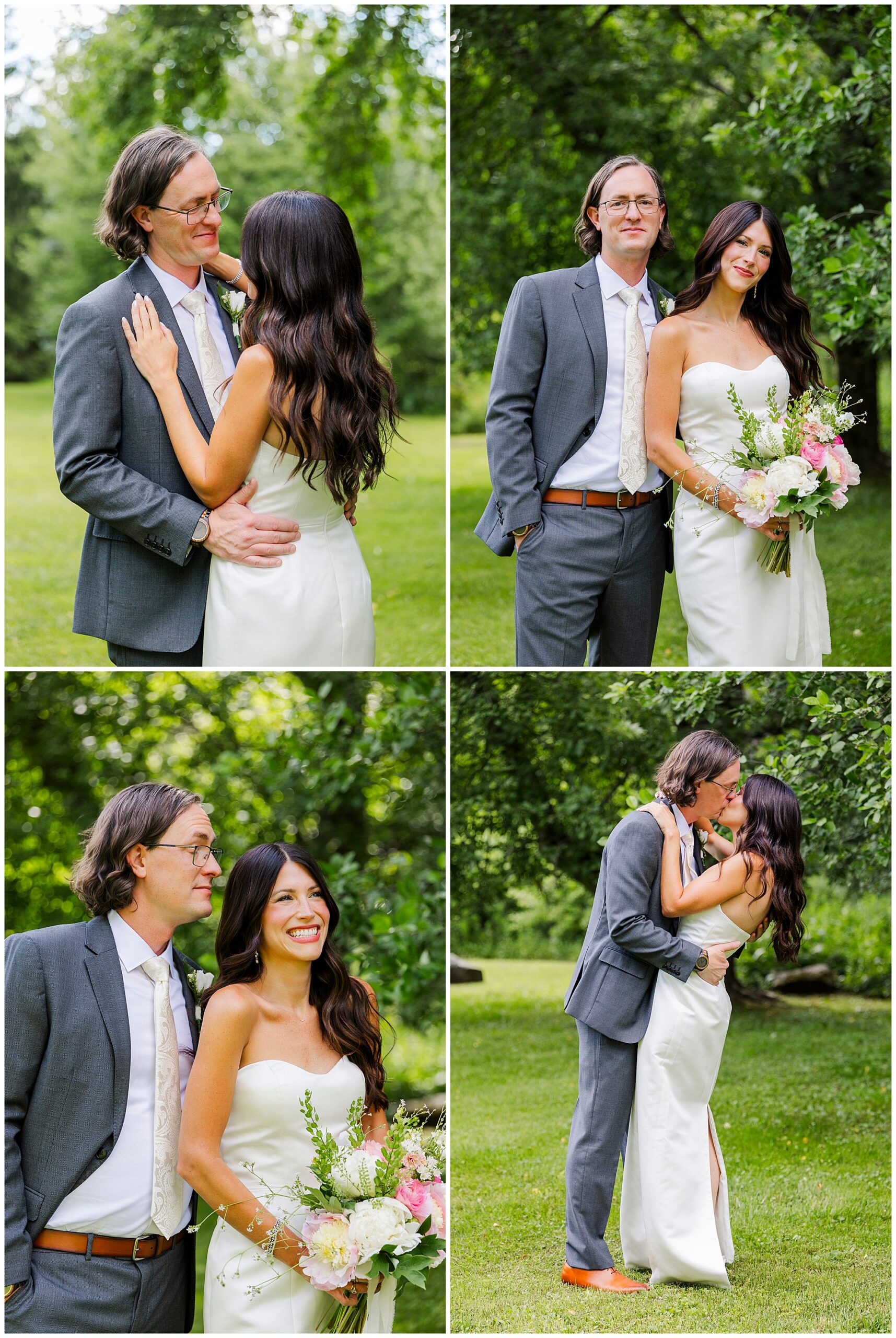A couple in wedding attire poses affectionately outdoors during their Airbnb micro wedding; the groom wears a gray suit and the bride holds a bouquet, both smiling and embracing in a lush green garden.