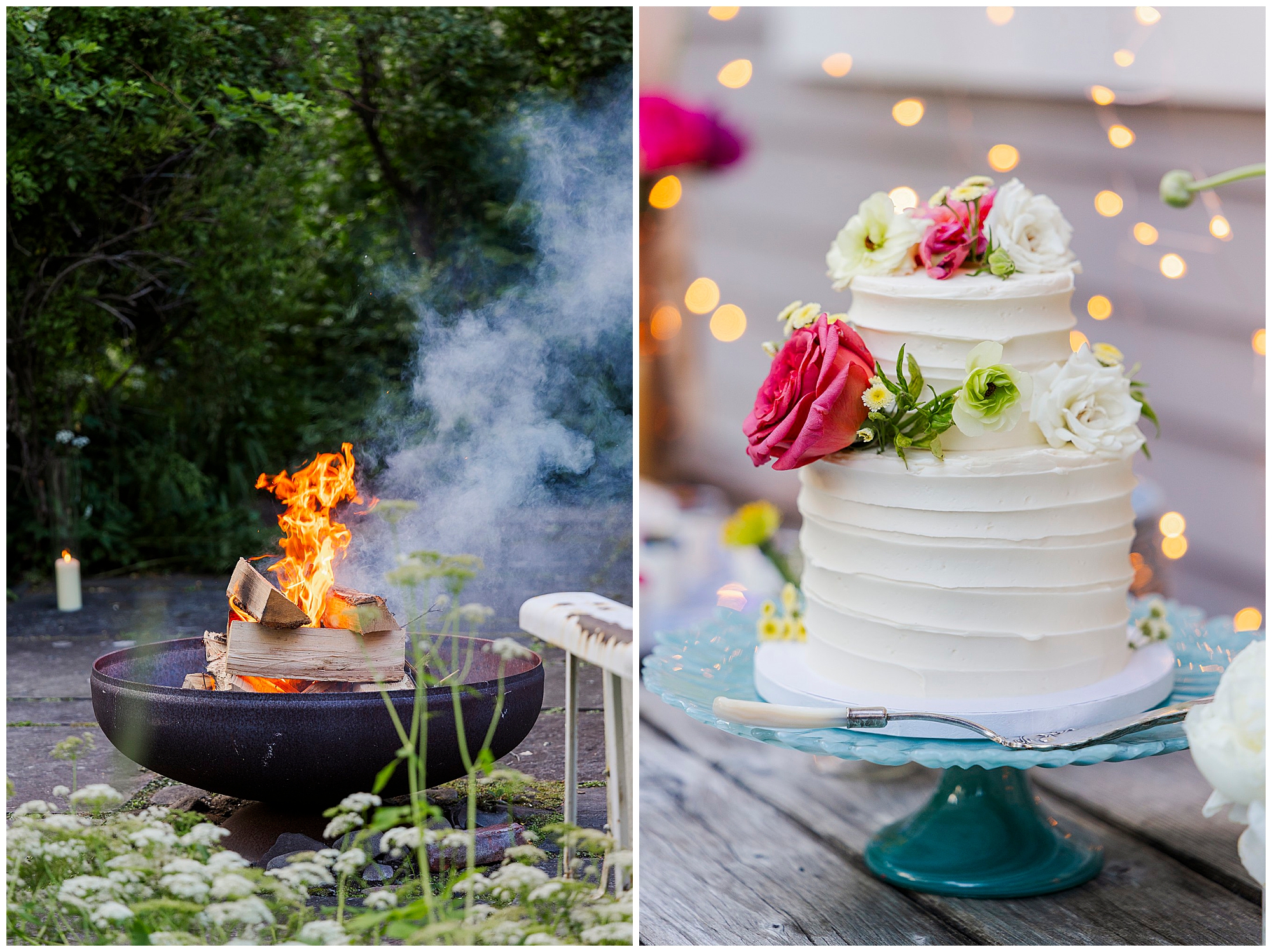 Side-by-side images: a fire burning in a black outdoor fire pit surrounded by greenery, and a three-tiered white cake with pink and white flowers on a blue stand—perfect inspiration for an Airbnb micro wedding celebration.
